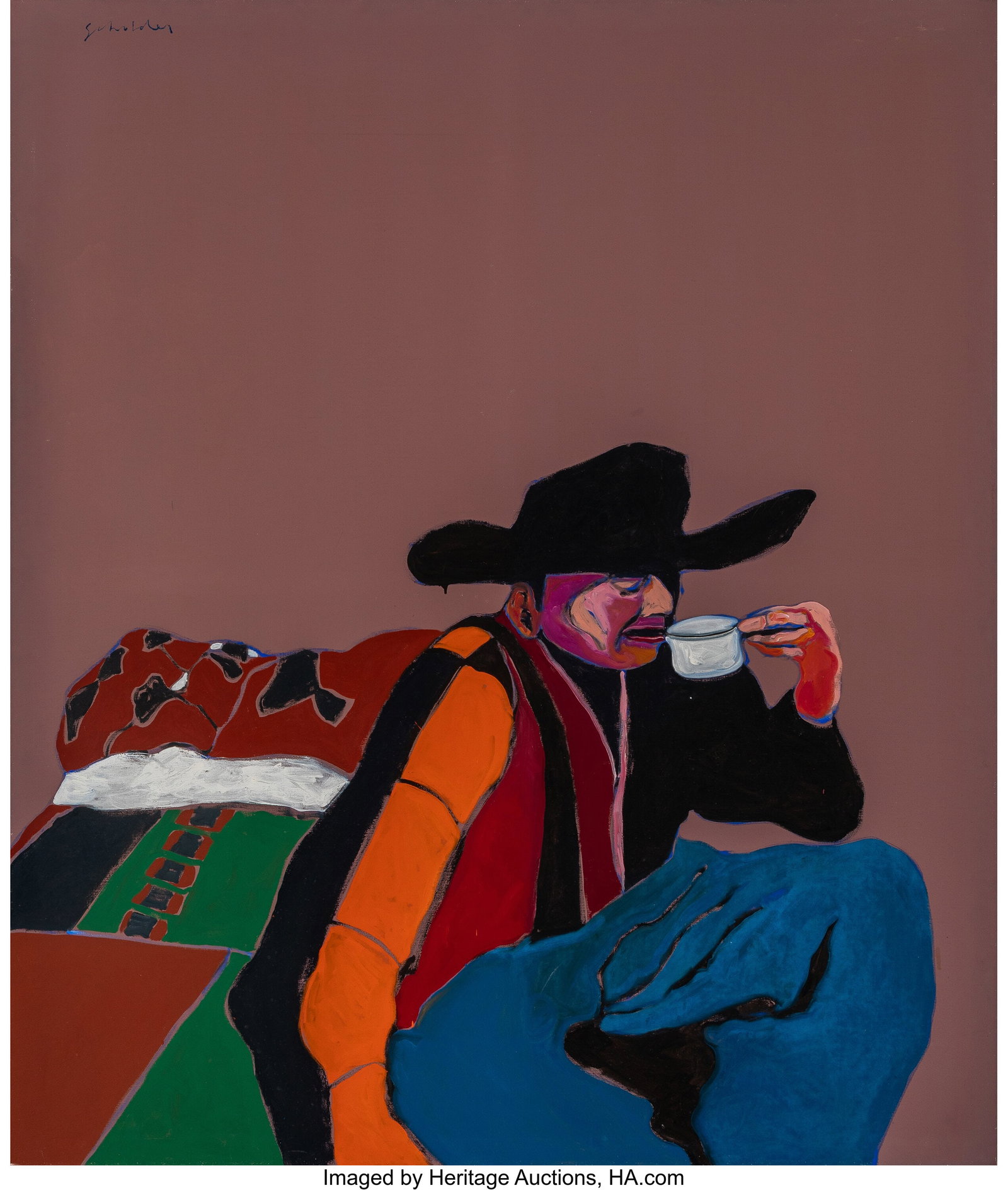 Fritz Scholder (American, 1937-2005) Indian Sitt: Fritz Scholder (American, 1937-2005) Indian Sitting on Bed, 1974 Acrylic and oil on canvas 80 x 68 inches (203.2 x 172.7 cm) Signed upper left: Scho