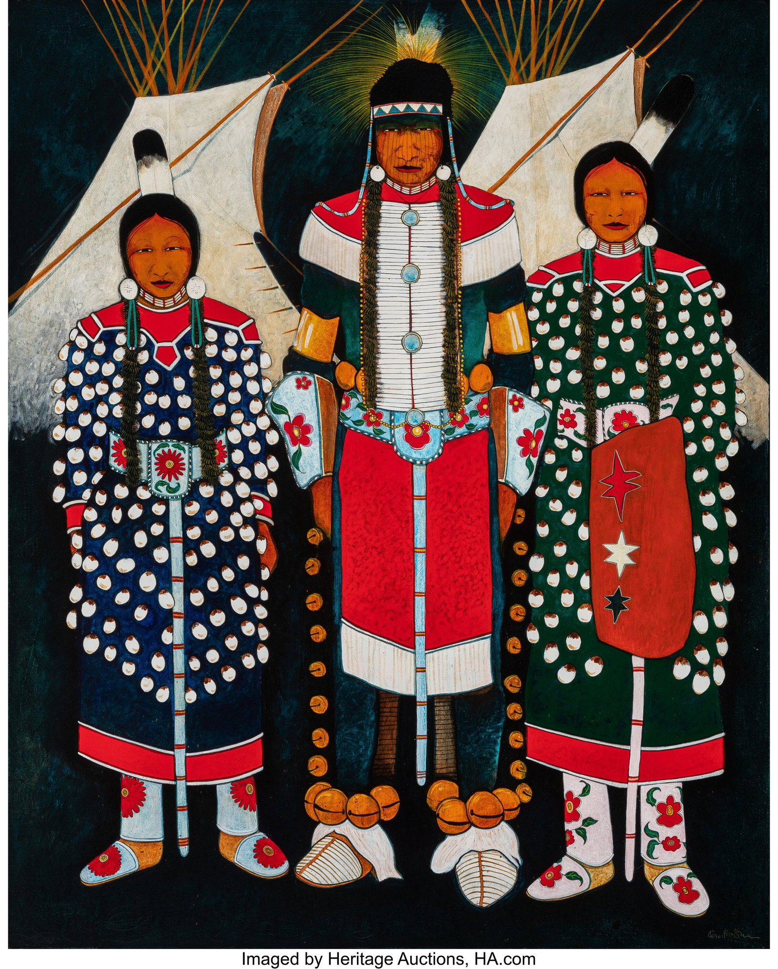 Kevin Red Star (American, b. 1943) Crow Indian W: Kevin Red Star (American, b. 1943) Crow Indian War Dancer With his Younger Sisters Acrylic on canvas 59-1/2 x 48 inches (151.1 x 121.9 cm) Signed low