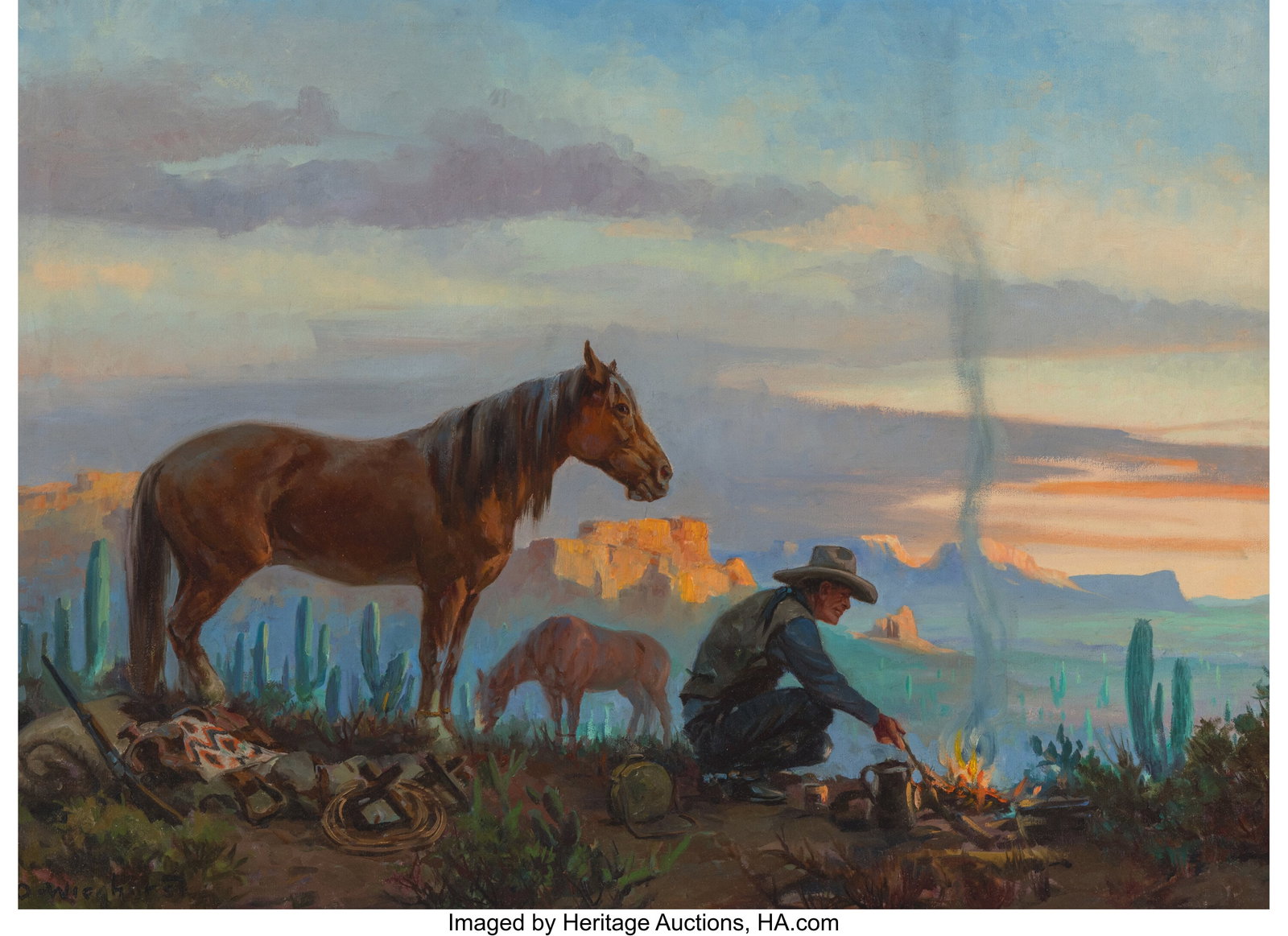 Olaf Wieghorst (American, 1899-1988) Sunset Camp (1 of 3)