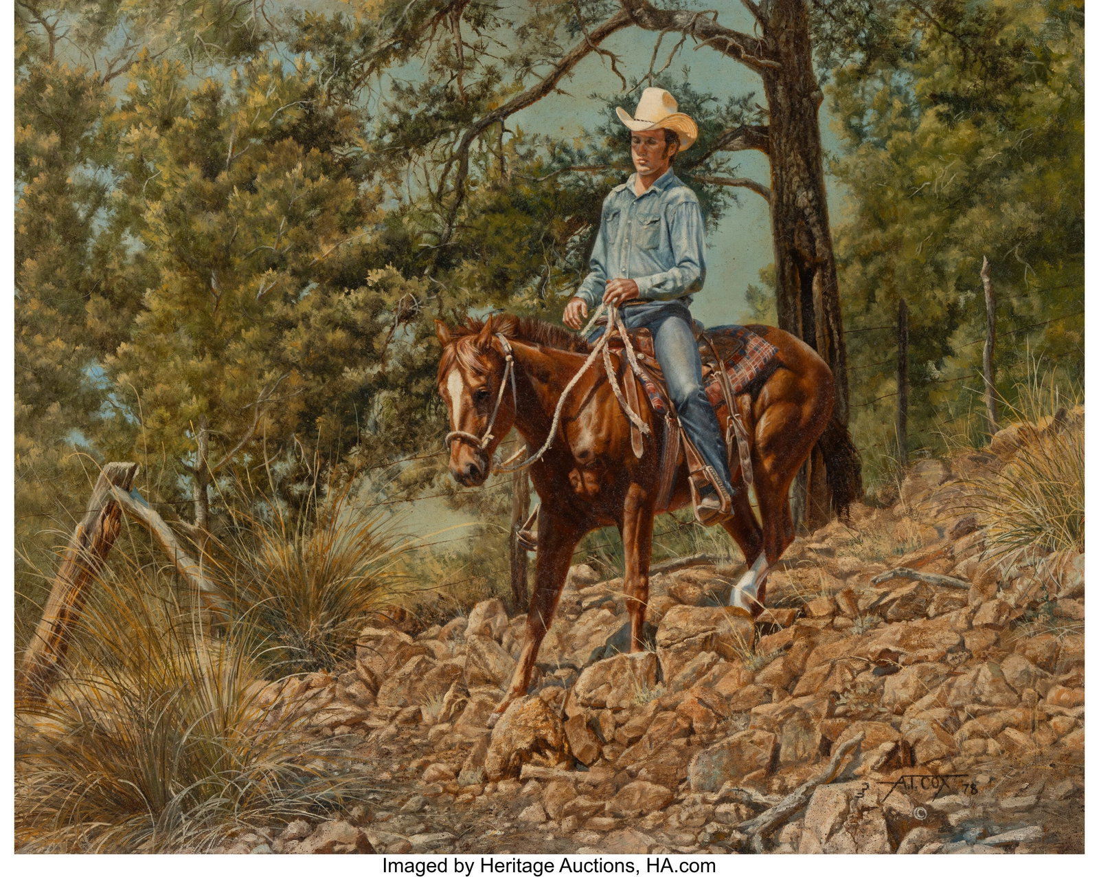 Tim Cox (American, b. 1957) Riding the Fence, 19: Tim Cox (American, b. 1957) Riding the Fence, 1978 Oil on Masonite 16 x 20 inches (40.6 x 50.8 cm) Signed and dated lower right: