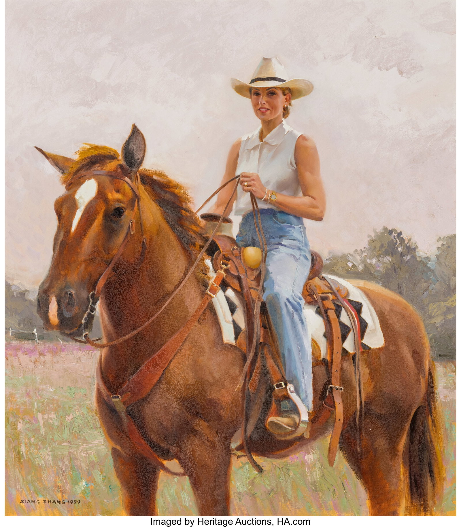 Xiang Zhang (Chinese/American, b. 1954) Lady Rid: Xiang Zhang (Chinese/American, b. 1954) Lady Riding a Horse, 1999 Oil on canvas 50 x 44 inches (127 x 111.8 cm) Signed and dated lower left: