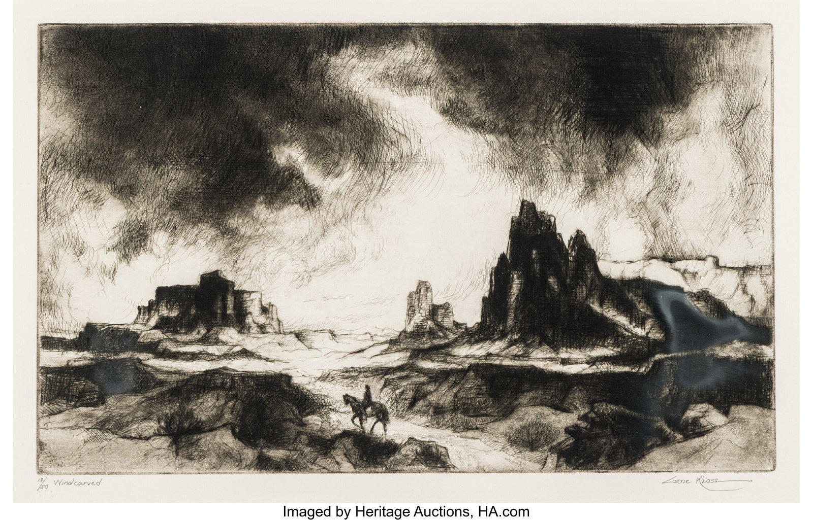 Gene Kloss (American, 1903-1996) Windcarved, 198: Gene Kloss (American, 1903-1996) Windcarved, 1981 Etching and drypoint on wove paper 12-1/4 x 19-1/4 inches (31.1 x 48.9 cm) (sight) Ed&