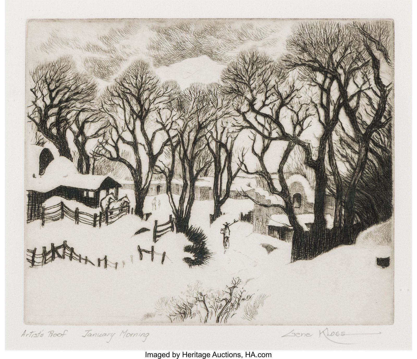 Gene Kloss (American, 1903-1996) January Morning: Gene Kloss (American, 1903-1996) January Morning, 1973 Etching and drypoint on wove paper 8-1/2 x 10 inches (21.6 x 25.4 cm) (sight) Artist'