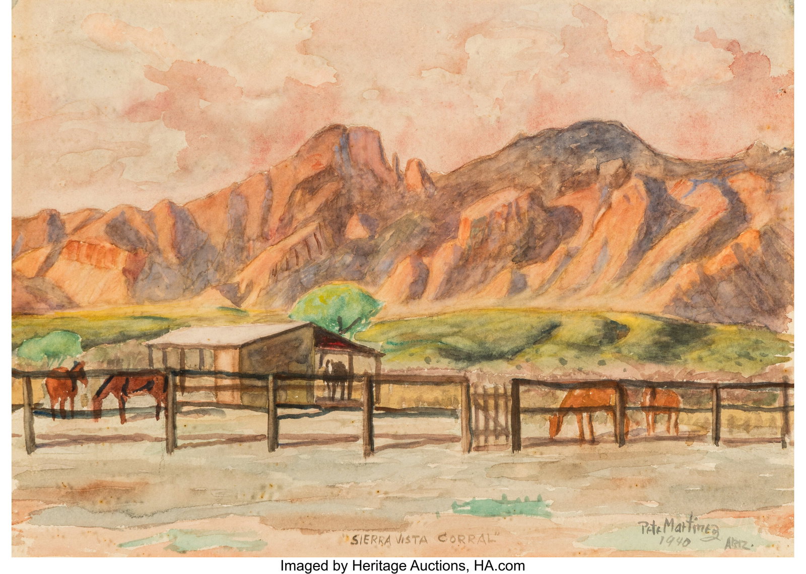 Pete (Peter Paul) Martinez (American, 1894-1971): Pete (Peter Paul) Martinez (American, 1894-1971) Sierra Vista Corral, 1940 Watercolor on paper 10-5/8 x 15 inches (27.0 x 38.1 cm) Signed&co