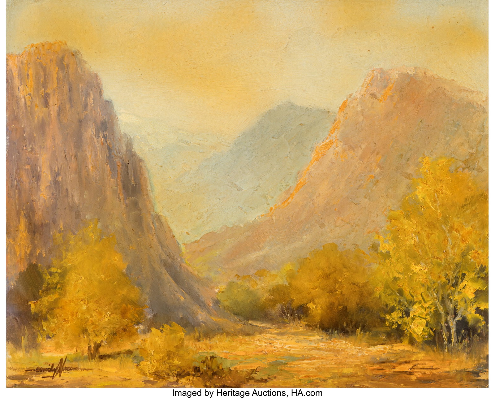 Emily Newsom (American, 20th Century) Autumn in : Emily Newsom (American, 20th Century) Autumn in the Valley Oil on board 16 x 19-5/8 inches (40.6 x 49.8 cm) Signed lower left: Emily Newsom Property o