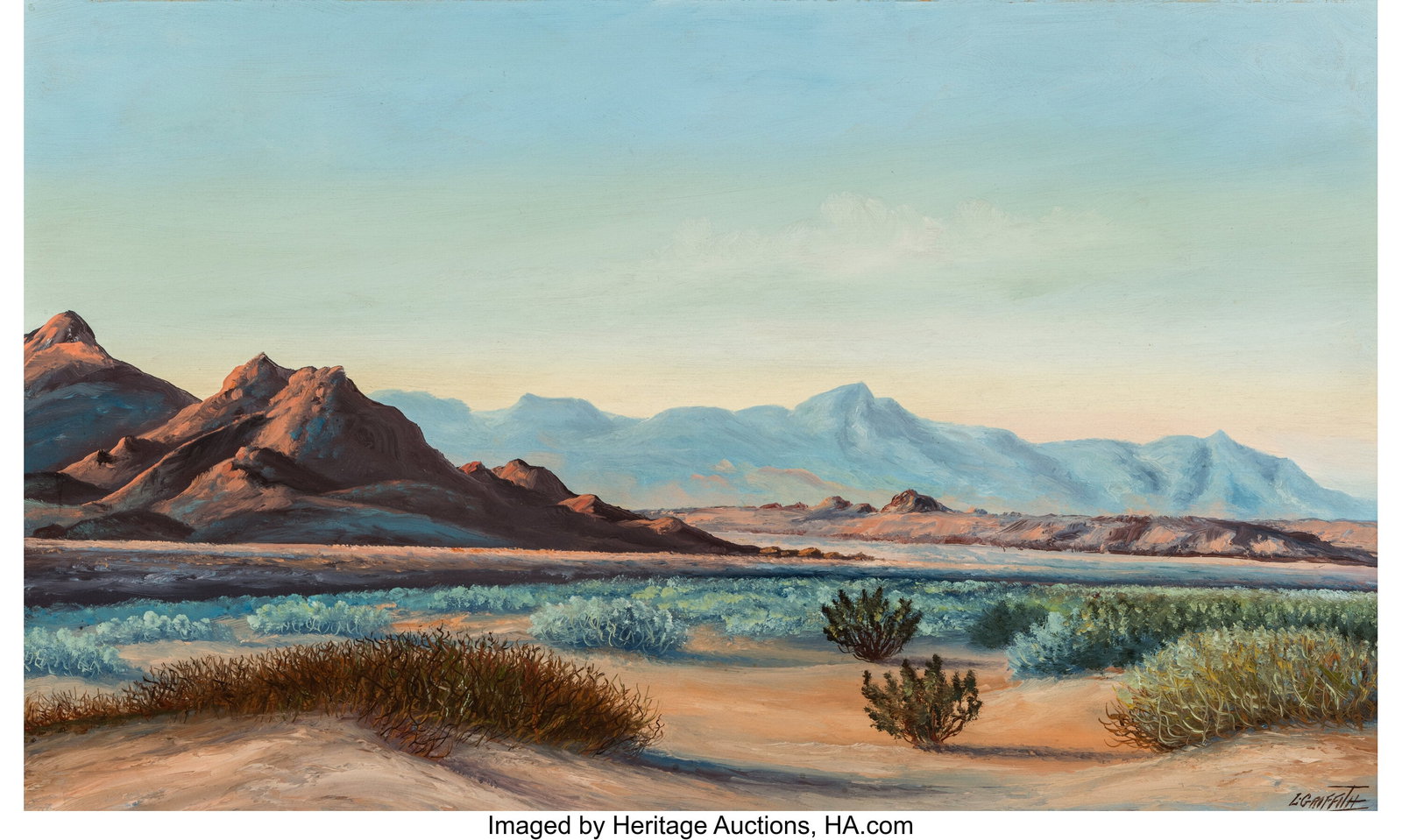 Lorenz Griffith (American, 1889-1968) Franklin M: Lorenz Griffith (American, 1889-1968) Franklin Mountains Oil on board 18 x 30 inches (45.7 x 76.2 cm) Signed lower right: L. Griffith Property of a