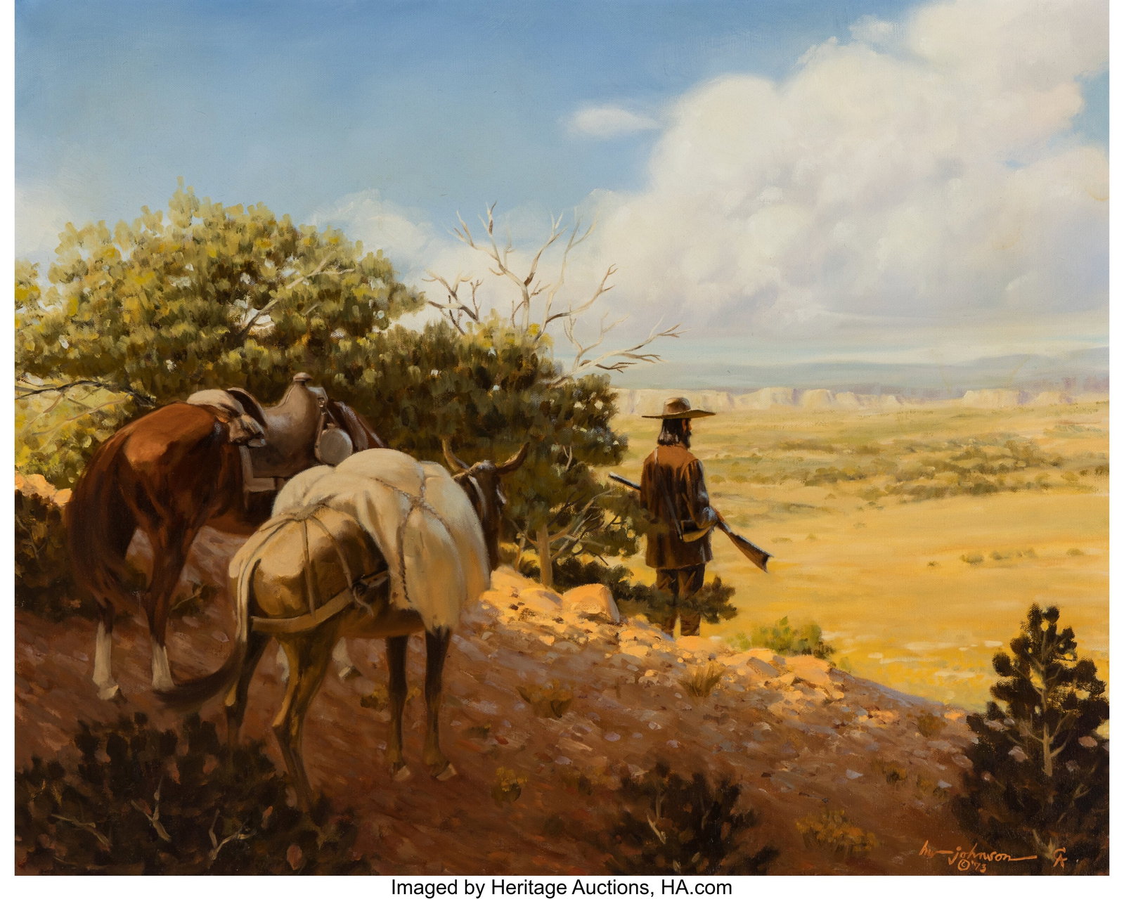 Harvey William Johnson (American, 1921-2005) Ind: Harvey William Johnson (American, 1921-2005) Indian Trader, 1973 Oil on canvas 24 x 30 inches (61.0 x 76.2 cm) Signed and dated lower right: hw - jo