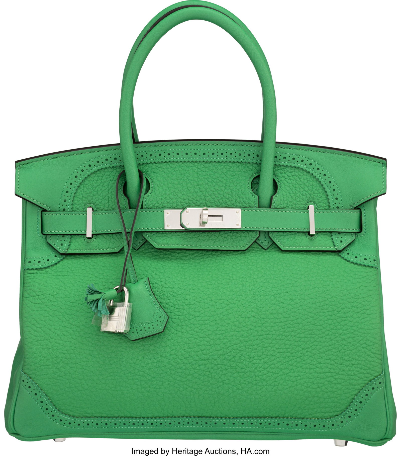 Hermès 30cm Bambou Clemence & Swift Leather Ghi: Hermès 30cm Bambou Clemence & Swift Leather Ghillies Birkin Bag with Palladium Hardware T, 2015 Condition: 2 11.5" Width x 8.5" Height x 6" Depth This bag is done 