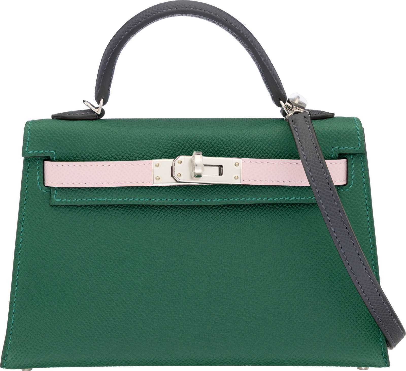 Hermès 20cm Vert Moyen, Mauve Pale, & Ardoise T: Hermès 20cm Vert Moyen, Mauve Pale, & Ardoise Tri-Color Epsom Leather Mini Kelly with Palladium Hardware W, 2024 Condition: 1 7.5" Width x 4.5" Height 