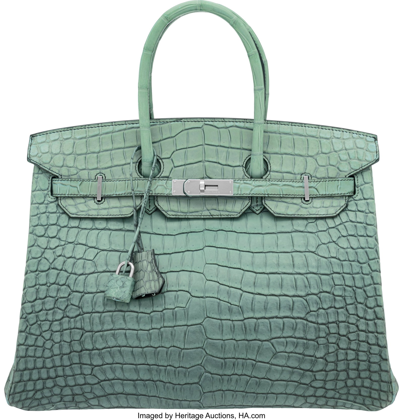 Hermès Limited Edition 35cm Matte Ombre Vert Fo: Hermès Limited Edition 35cm Matte Ombre Vert Fonce Porosus Crocodile Birkin Bag with Palladium Hardware C, 2018 Condition: 2 14" Width x 10" Height x 7" Depth This bag is done in Ma
