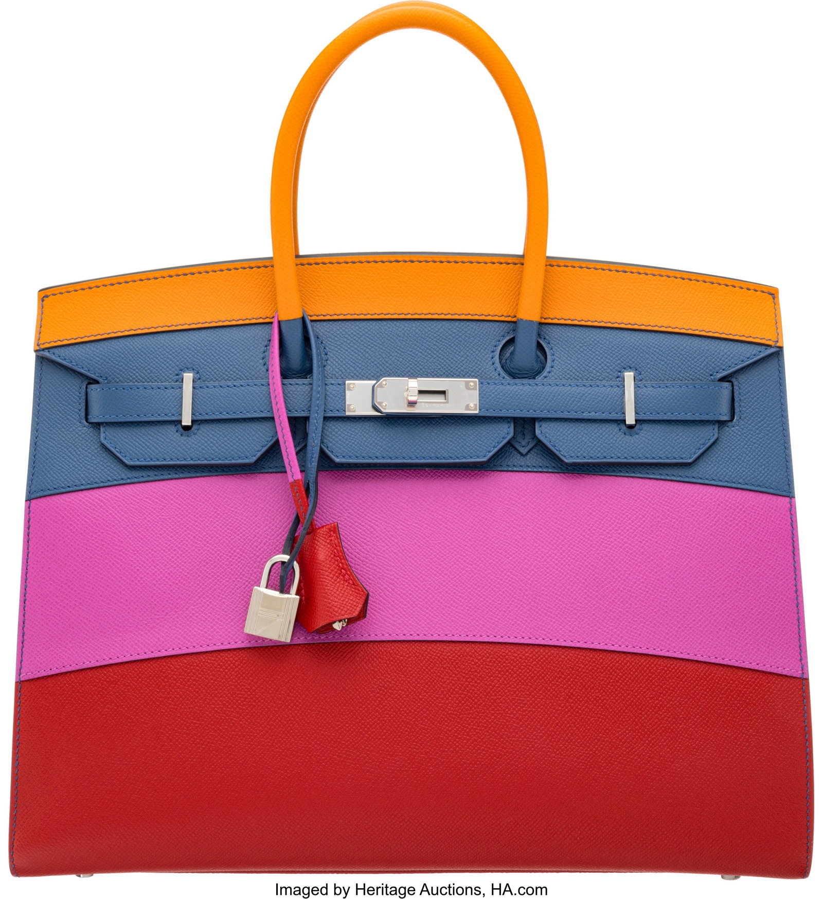 Hermès Limited Edition 35cm Abricot, Blue Agate: Hermès Limited Edition 35cm Abricot, Blue Agate, Magnolia, & Rouge Casaque Epsom Leather Rainbow Sunset Birkin Sellier Bag with Palladium Hardware Y, 2020 Condition&