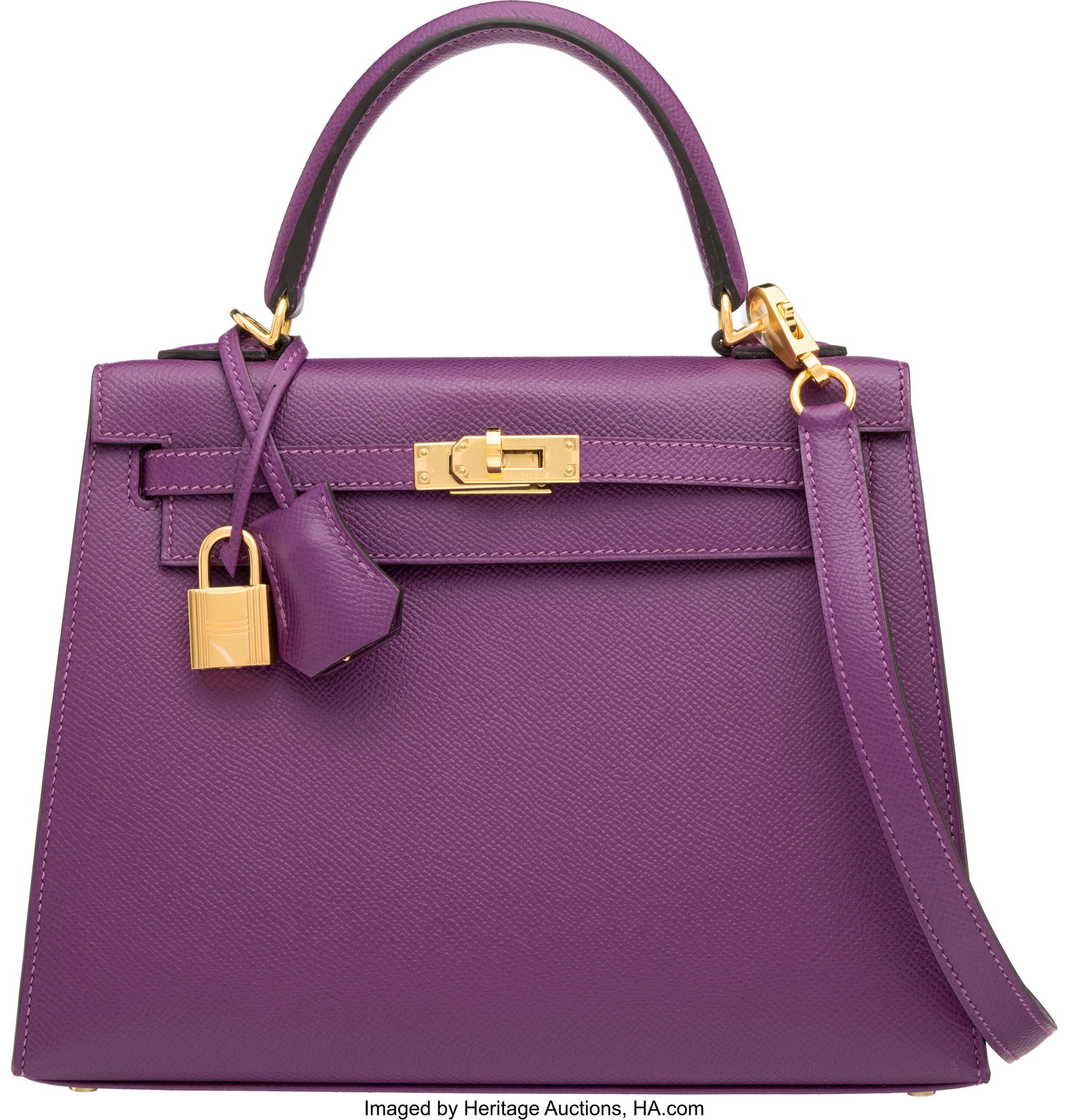 Hermès 25cm Anemone Epsom Leather Kelly Sellier: Hermès 25cm Anemone Epsom Leather Kelly Sellier Bag with Gold Hardware D, 2019 Condition: 1 9.5" Width x 7" Height x 3.5" Depth This bag is done in Anemone Epsom Leath