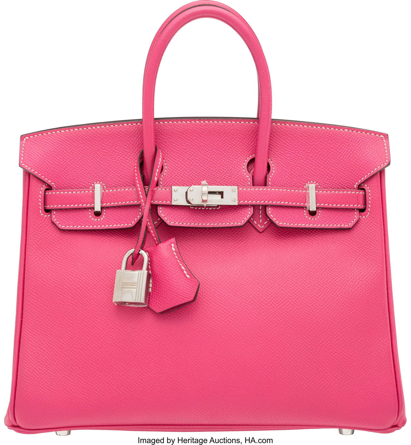 Hermès 25cm Rose Tyrien Epsom Leather Birkin Ba: Hermès 25cm Rose Tyrien Epsom Leather Birkin Bag with Palladium Hardware Q Square, 2013 Condition: 2 10" Width x 8" Height x 5" Depth This bag is done in Rose Tyrien Epsom Leather w
