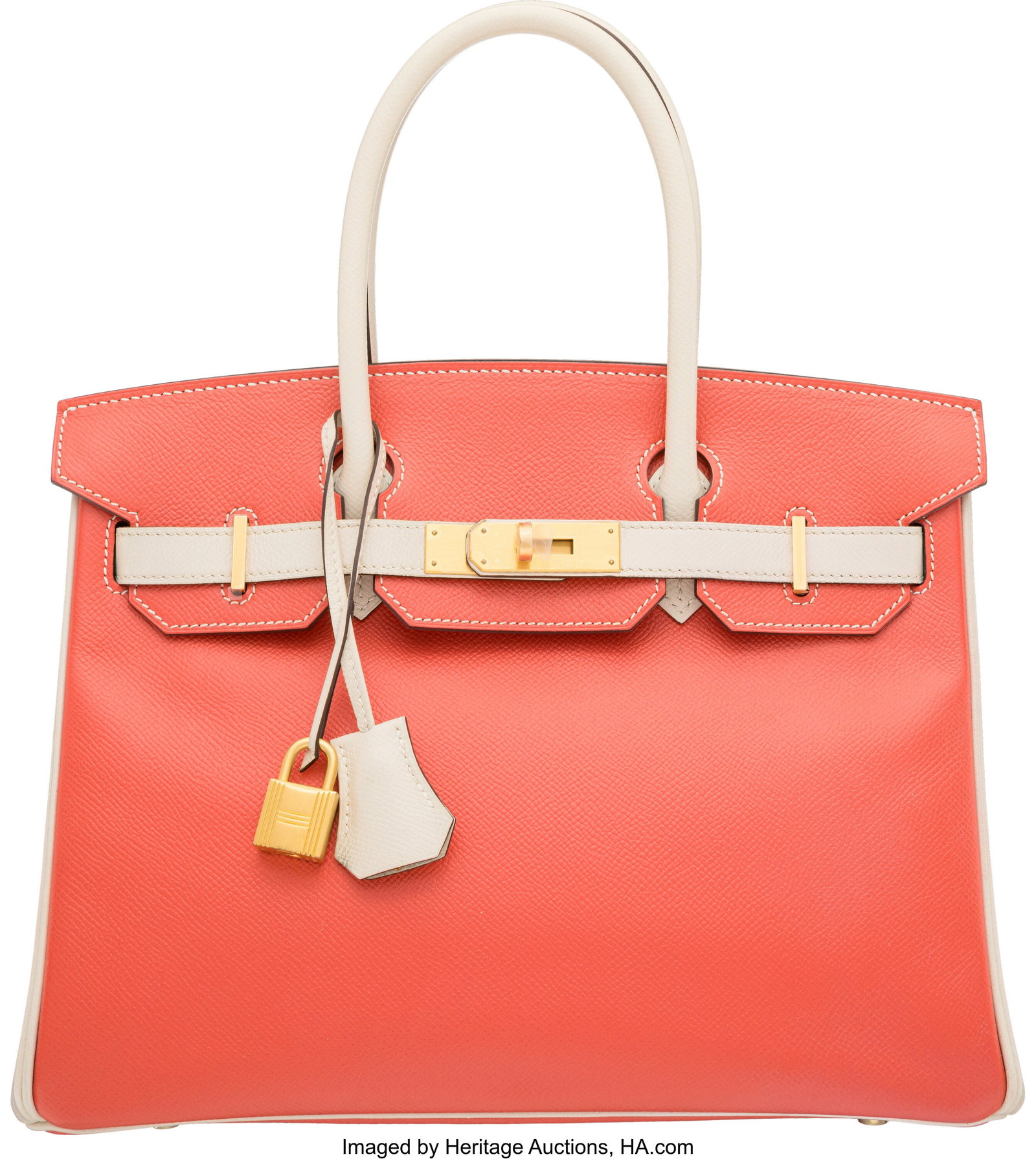 Hermès Special Order Horseshoe 30cm Rose Jaipur: Hermès Special Order Horseshoe 30cm Rose Jaipur & Craie Epsom Leather Birkin Bag with Brushed Gold Hardware X, 2016 Condition: 2 12" Width x 8.5" Height x 6" Depth This b