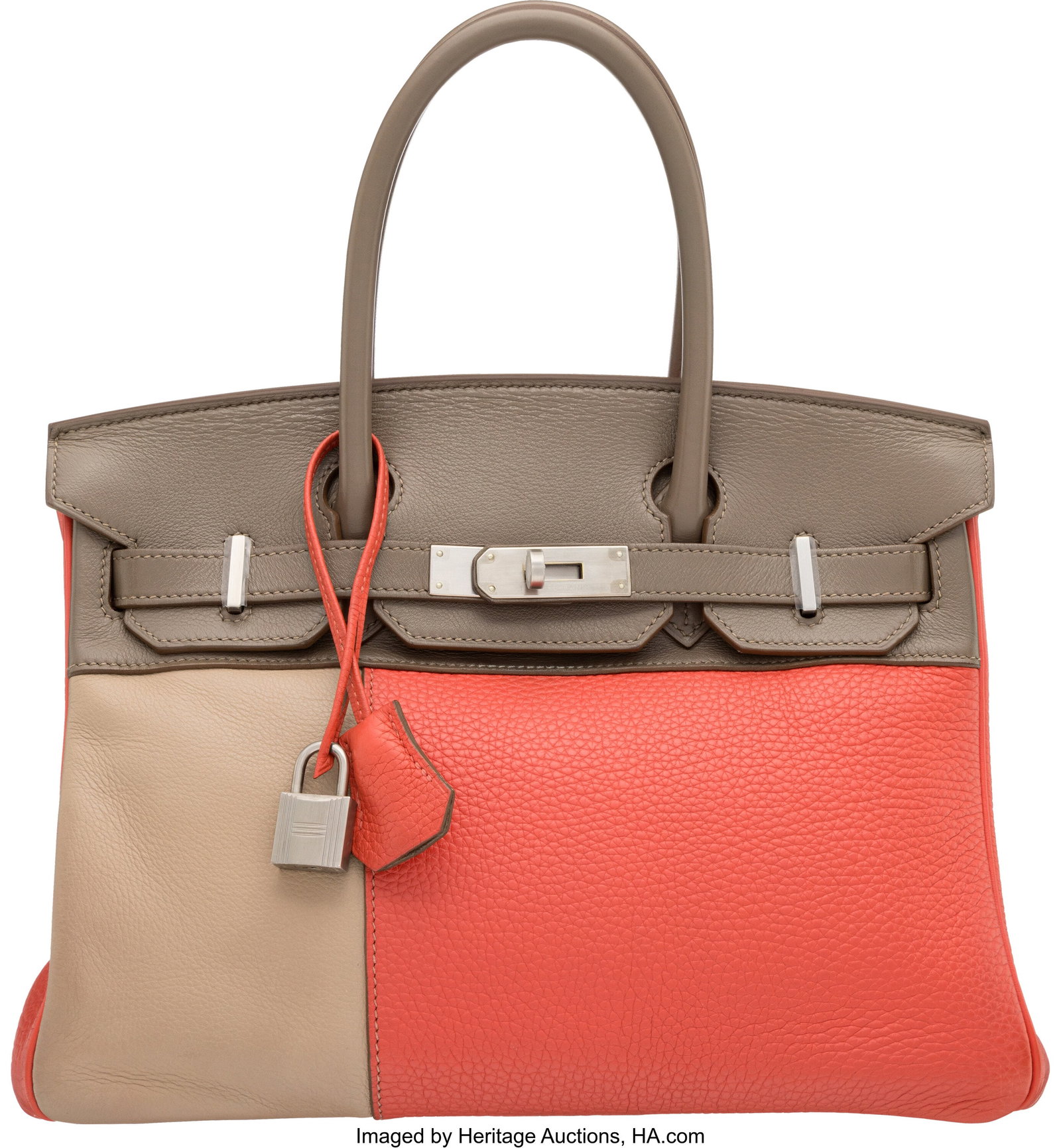Hermès Limited Edition 30cm Etoupe & Argile Swi: Hermès Limited Edition 30cm Etoupe & Argile Swift and Rose Jaipur Clemence Leather Cascade Birkin Bag with Brushed Palladium Hardware P Square, 2012 Condition: 2 12" Width x 8&p