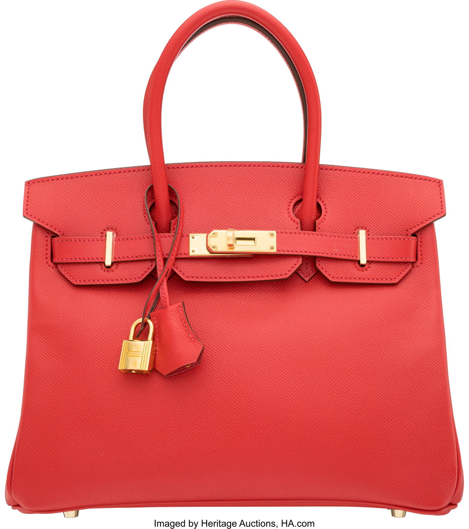 Hermès 30cm Rouge Vif Epsom Leather Birkin Bag : Hermès 30cm Rouge Vif Epsom Leather Birkin Bag with Gold Hardware N Square, 2010 Condition: 2 11" Width x 8" Height x 6" Depth This bag is done in Rouge Vif Epsom Leather with Gold 