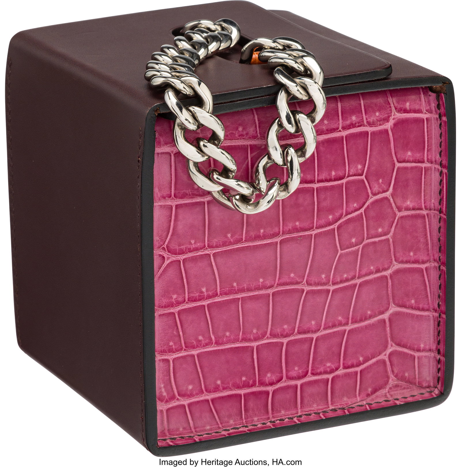 Hermès Bordeaux Box Calf Leather, Shiny Orange : Hermès Bordeaux Box Calf Leather, Shiny Orange & Rose Scheherazade Porosus Crocodile Petit H Bag with Palladium Hardware Condition: 2 4.75" Width x 4.75" Height x 