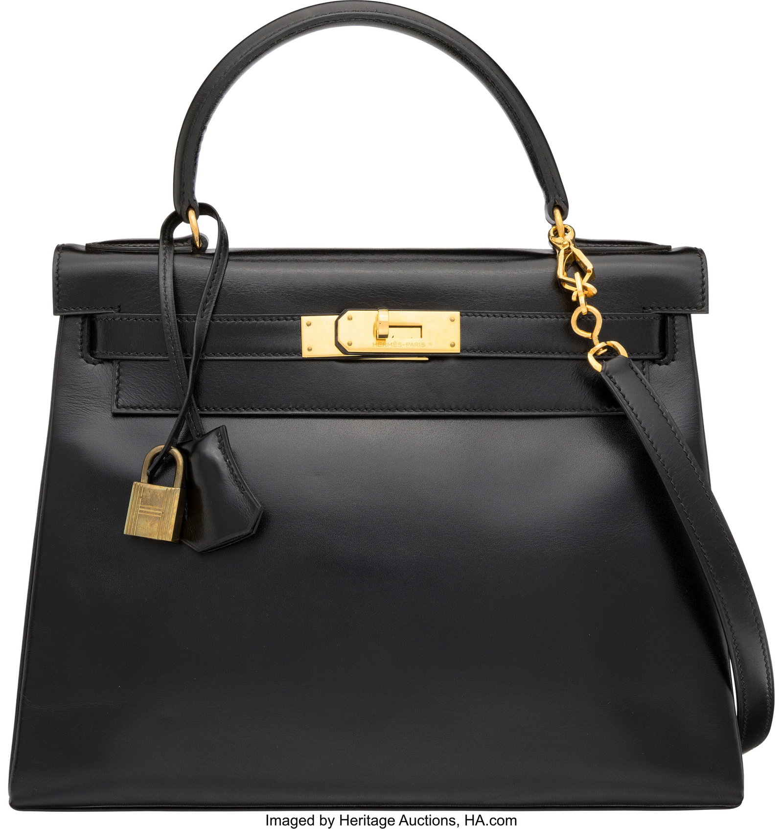 Hermès 28cm Black Box Calf Leather Kelly Retour: Hermès 28cm Black Box Calf Leather Kelly Retourne Bag with Gold Hardware Q Circle, 1987 Condition: 2 11.5" Width x 8.25" Height x 4" Depth This bag is done in Black Bo