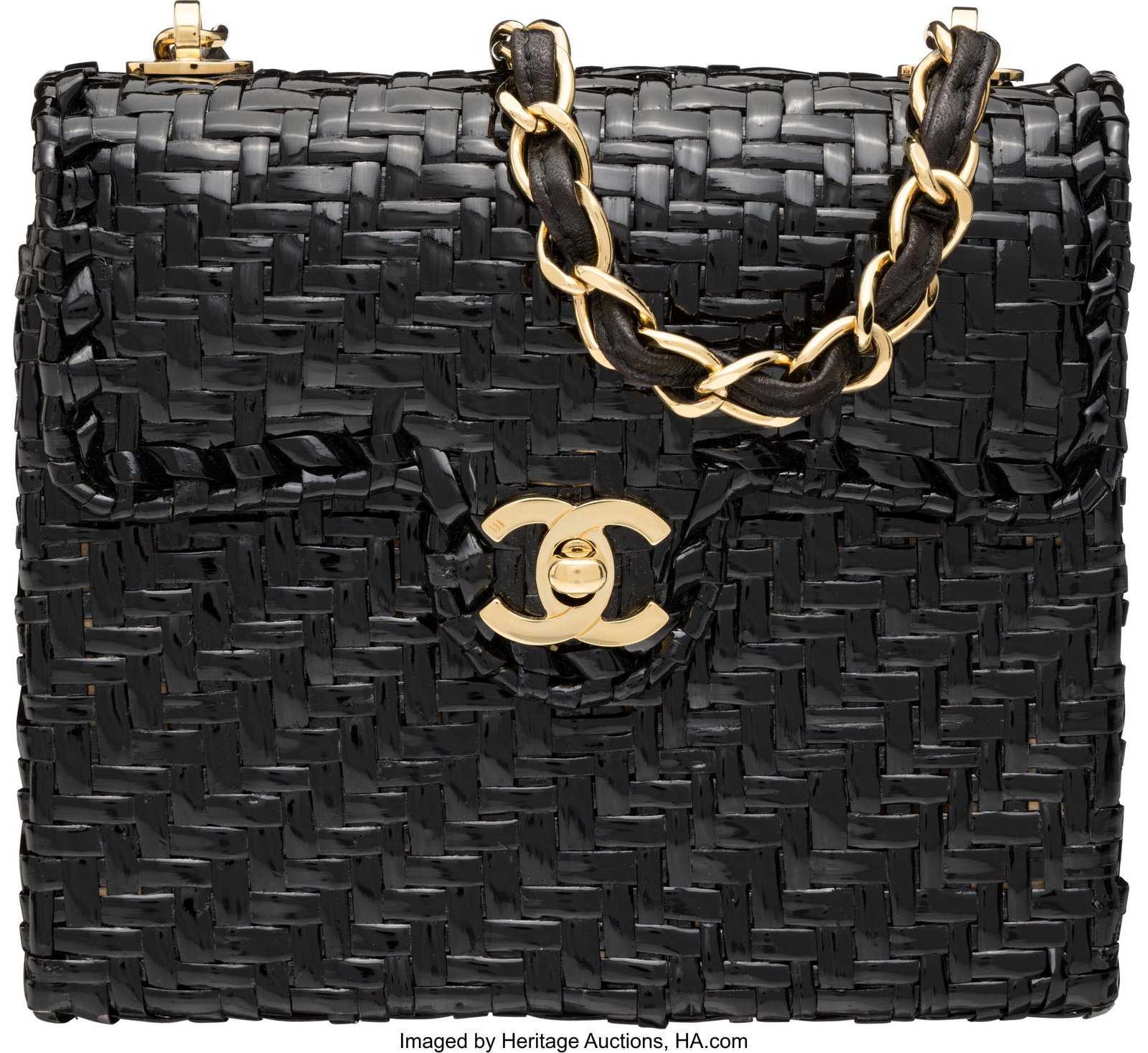 Chanel Vintage Black Coated Wicker Mini Square F: Chanel Vintage Black Coated Wicker Mini Square Flap Bag with Gold Hardware 2000-2002 Condition: 2 6.75" Width x 5.5" Height x 2" Depth This bag is done in Black Coated Wicker with 