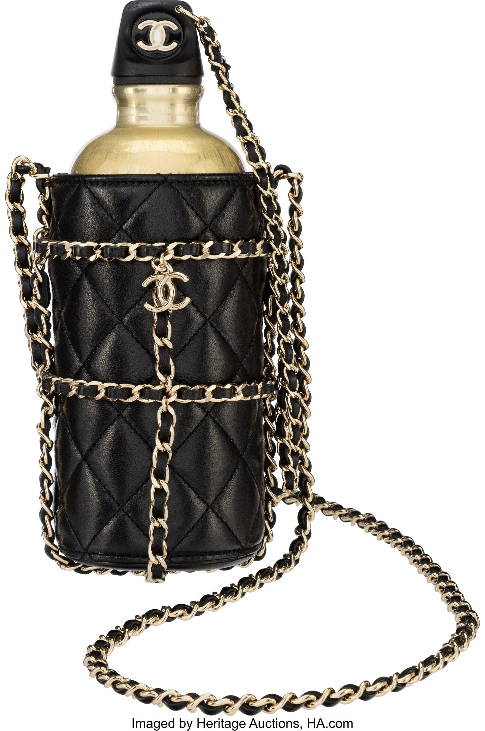 Chanel Gold Water Bottle & Black Quilted Lambski: Chanel Gold Water Bottle & Black Quilted Lambskin Leather Holder with Gold Hardware Cruise 2020 Condition: 2 3.25" Width x 9" Height x 3.25" Depth This set includes a Gold Meta