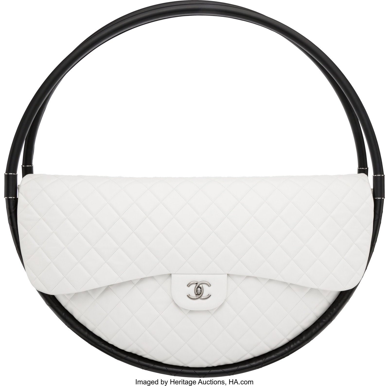 Chanel Runway White Quilted Lambskin Leather Hul: Chanel Runway White Quilted Lambskin Leather Hula Hoop XL Bag with Silver Hardware Spring 2013 Condition: 1 31" Width x 31" Height x 6" Depth This bag is done in White Lambskin Leather with Silv