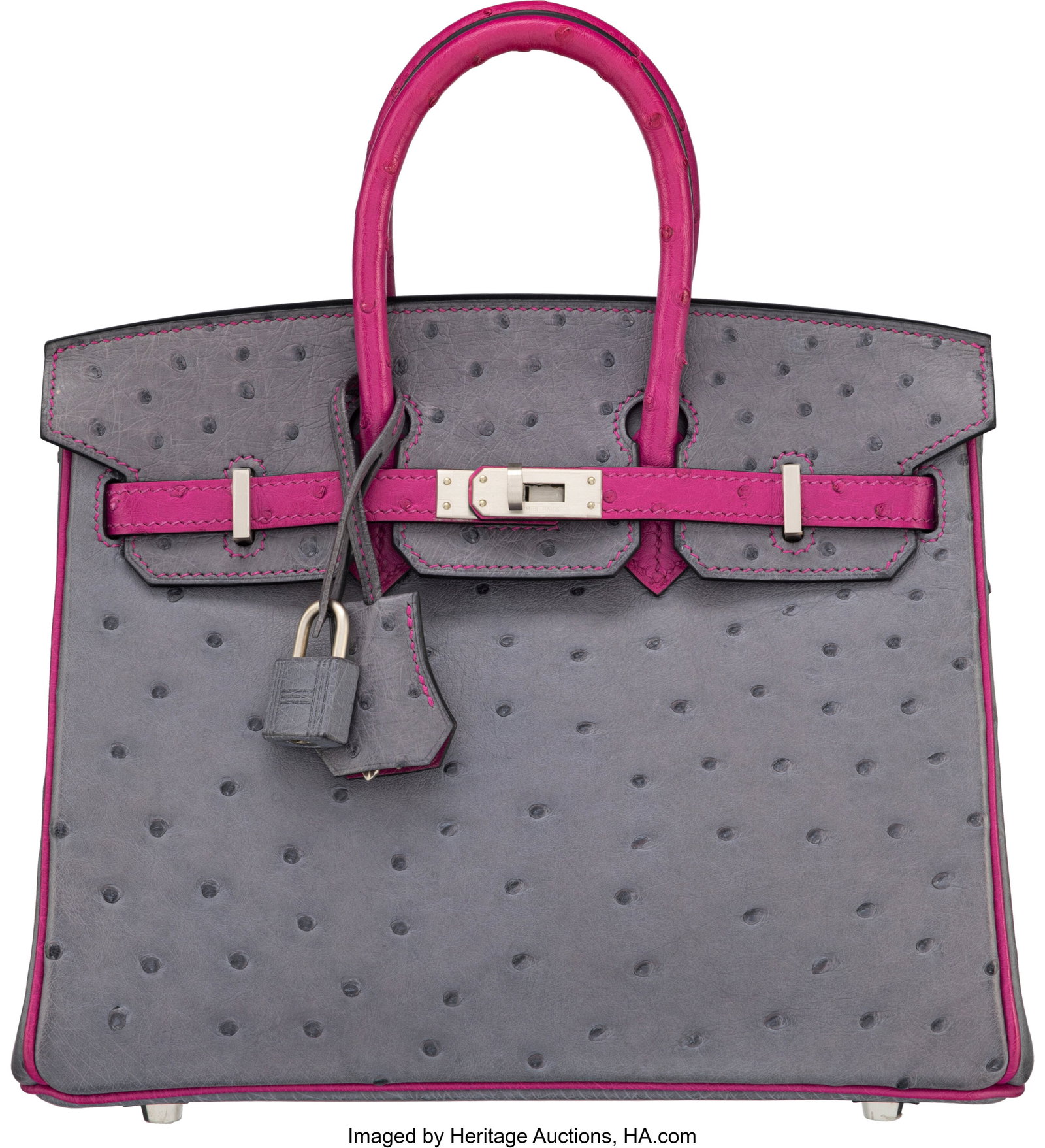 Hermès Special Order Horseshoe 25cm Gris Agate : Hermès Special Order Horseshoe 25cm Gris Agate & Rose Pourpre Ostrich Birkin Bag with Brushed Palladium Hardware Y, 2020 Condition: 1 10" Width x 8" Height x 5" Depth This bag i