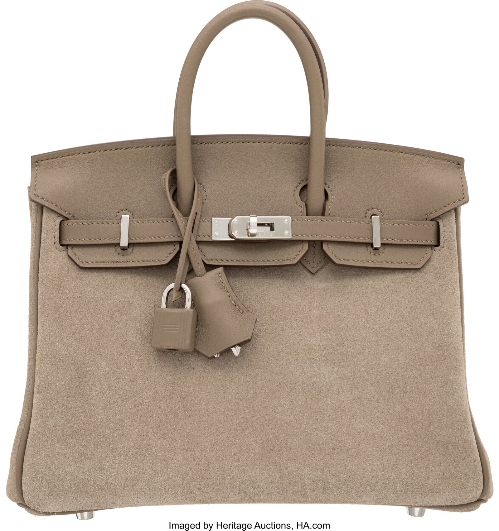 Hermès 25cm Gris Caillou Grizzly Suede & Etoupe: Hermès 25cm Gris Caillou Grizzly Suede & Etoupe Swift Leather Birkin Bag with Palladium Hardware B, 2023 Condition: 1 10" Width x 8" Height x 5" Depth This bag is done in Gris C