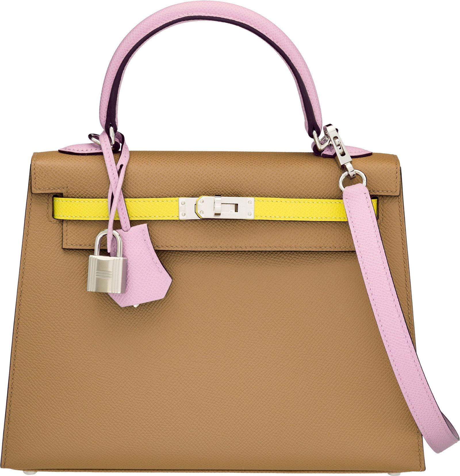Hermès 25cm Chai, Lime, & Mauve Sylvestre Epsom: Hermès 25cm Chai, Lime, & Mauve Sylvestre Epsom Kelly Sellier Bag with Palladium Hardware U, 2022 Condition: 1 9.5" Width x 8" Height x 4" Depth This bag is d