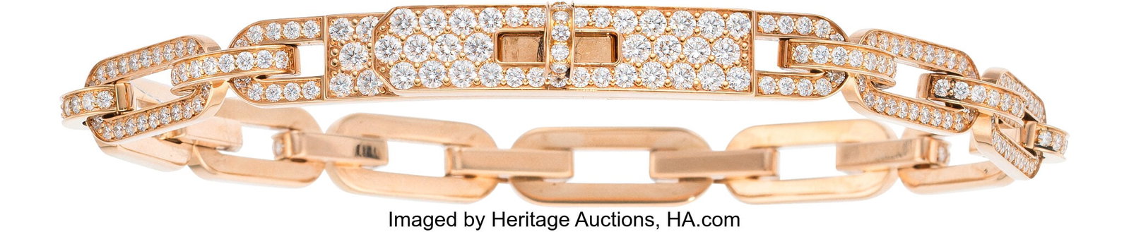 Hermès 18K Rose Gold Full Pave Diamond Kelly Ch: Hermès 18K Rose Gold Full Pave Diamond Kelly Chaine Bracelet Condition: 2 Designer Size ST This bracelet is done in 18K Rose Gold, featuring pave-set diamonds and a Kelly turnlock m