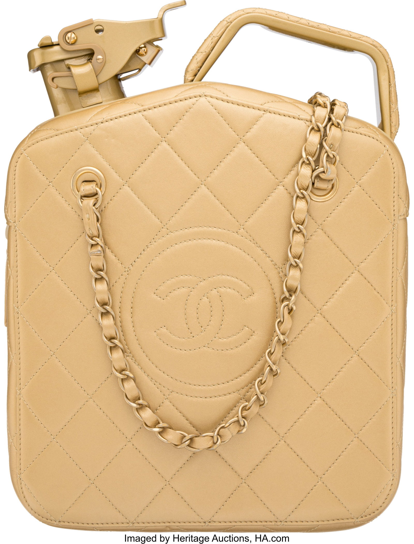 Chanel Paris-Dubai by Night Gold Quilted Lambski: Chanel Paris-Dubai by Night Gold Quilted Lambskin Leather Jerry Can Bag with Brushed Gold Hardware Cruise 2015 Condition: 2 9" Width x 10" Height x 6" Depth This bag is done in Gold Quilted Lamb