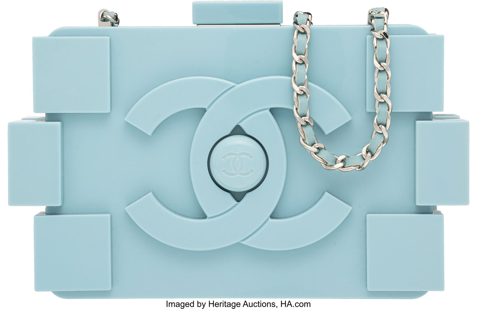 Chanel Blue Lucite Boy Brick Lego Minaudière wi: Chanel Blue Lucite Boy Brick Lego Minaudière with Silver Hardware 2014 Condition: 1 8" Width x 5" Height x 1.75" Depth This bag is done in Blue Lucite with Silver Hardware, f