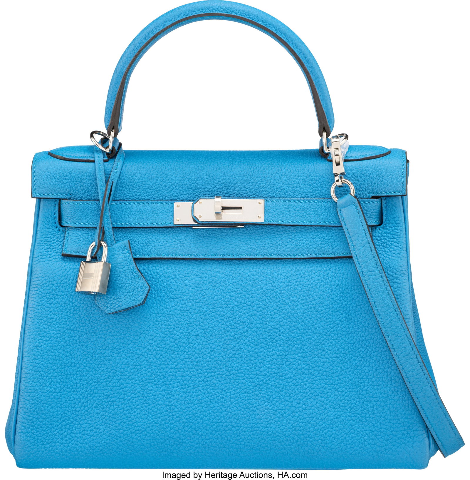 Hermès 28cm Bleu Zanzibar Togo Leather Kelly Re: Hermès 28cm Bleu Zanzibar Togo Leather Kelly Retourne Bag with Palladium Hardware A, 2017 Condition: 2 11" Width x 8.5" Height x 4.5" Depth This bag is done in Bleu Za
