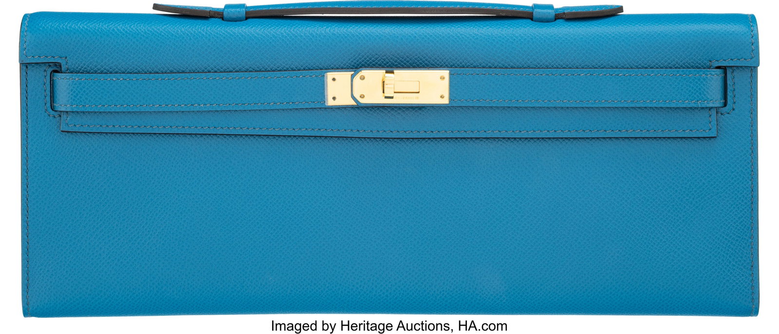 Hermès Bleu Izmir Epsom Leather Kelly Cut Clutc: Hermès Bleu Izmir Epsom Leather Kelly Cut Clutch with Gold Hardware R Square, 2014 Condition: 2 12" Width x 5" Height x 1" Depth This bag is done in Bleu Izmir Epsom Leather with Go
