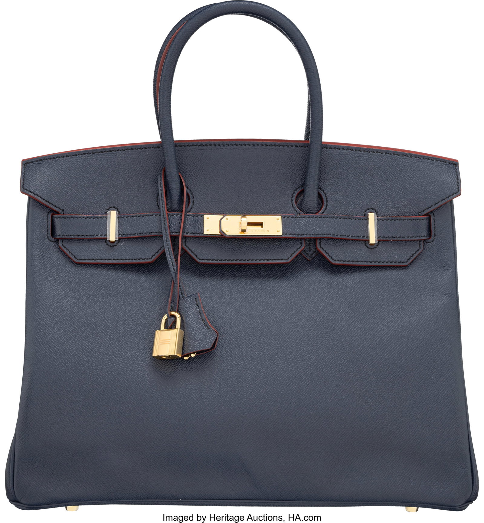 Hermès Limited Edition 35cm Bleu Indigo & Rouge: Hermès Limited Edition 35cm Bleu Indigo & Rouge H Epsom Leather Contour Birkin Bag with Gold Hardware A, 2017 Condition: 2 14" Width x 10" Height x 7" Depth This bag is done in 