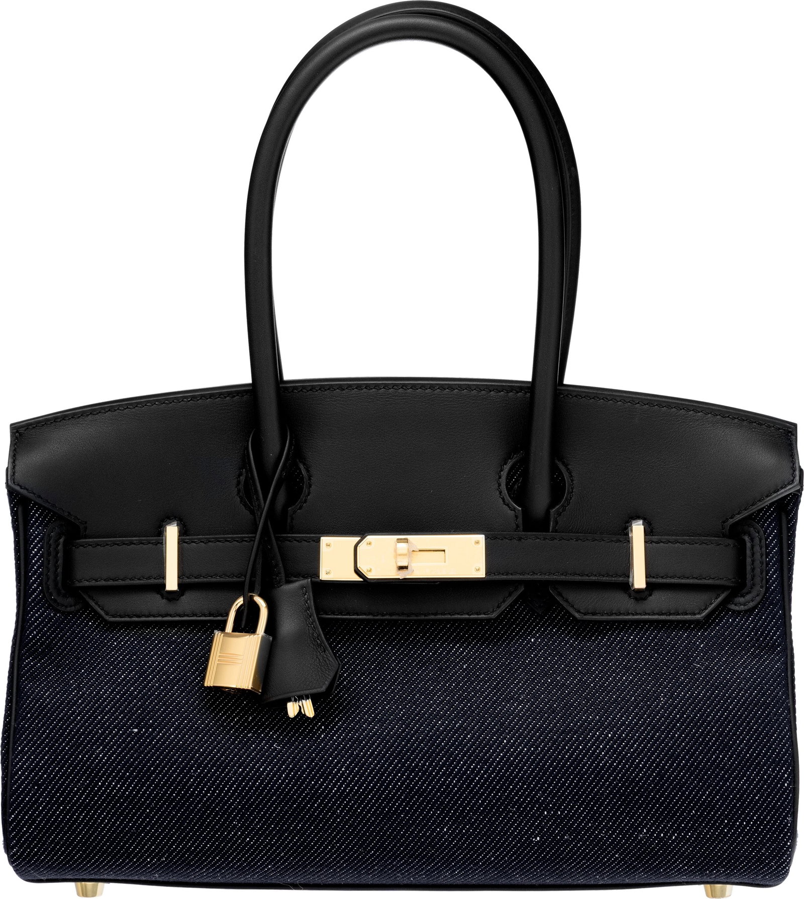 Hermès 29cm Bleu Indigo Denim & Black Swift Lea: Hermès 29cm Bleu Indigo Denim & Black Swift Leather Shoulder Birkin Light Bag with Gold Hardware K, 2025 Condition: 1 11" Width x 6" Height x 5" Depth This bag is done in Bleu Indigo Denim Toile Jean