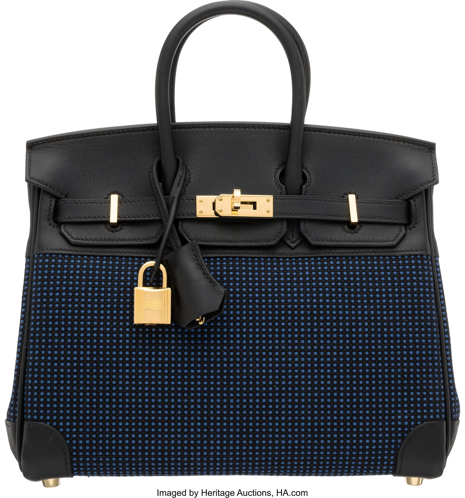 Hermès 25cm Black Swift Leather & Bleu Egee Toi: Hermès 25cm Black Swift Leather & Bleu Egee Toile Quadrille Birkin Bag with Gold Hardware W, 2024 Condition: 1 9.5" Width x 7.5" Height x 5.5" Depth This ba