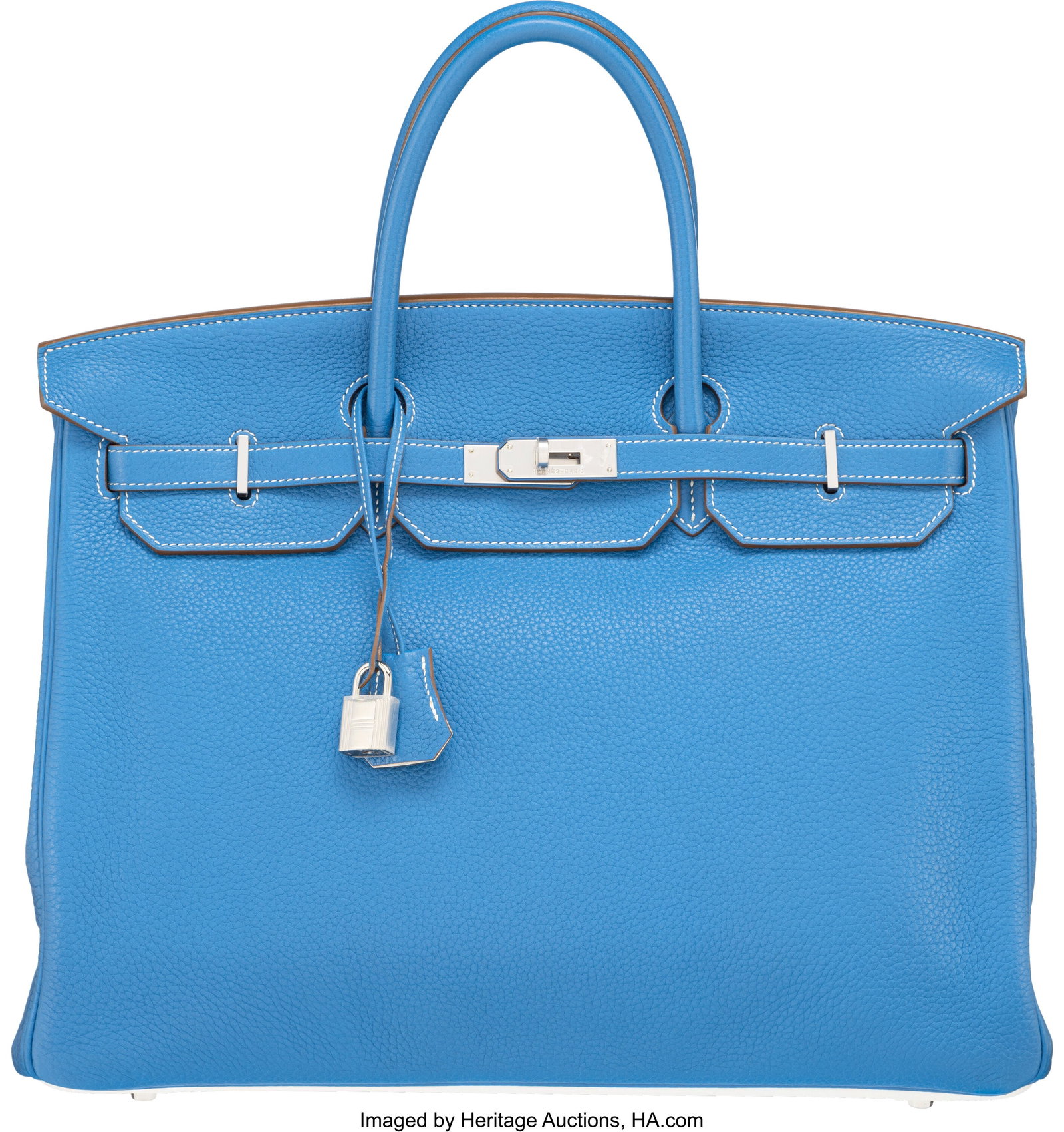 Hermès 40cm Mykonos & White Clemence Leather Ec: Hermès 40cm Mykonos & White Clemence Leather Eclat Birkin Bag with Palladium Hardware O Square, 2011 Condition: 2 15.5" Width x 11" Height x 8" Depth This bag is done in 