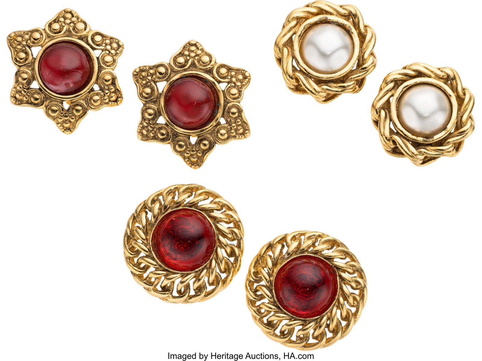 Chanel Set of Three: Vintage Red Gripoix Earring: Chanel Set of Three: Vintage Red Gripoix Earrings & Faux Pearl Earrings See Extended Condition Report for Details. This set includes: Chanel Gold Plated & Red Gripoix Sun Cl
