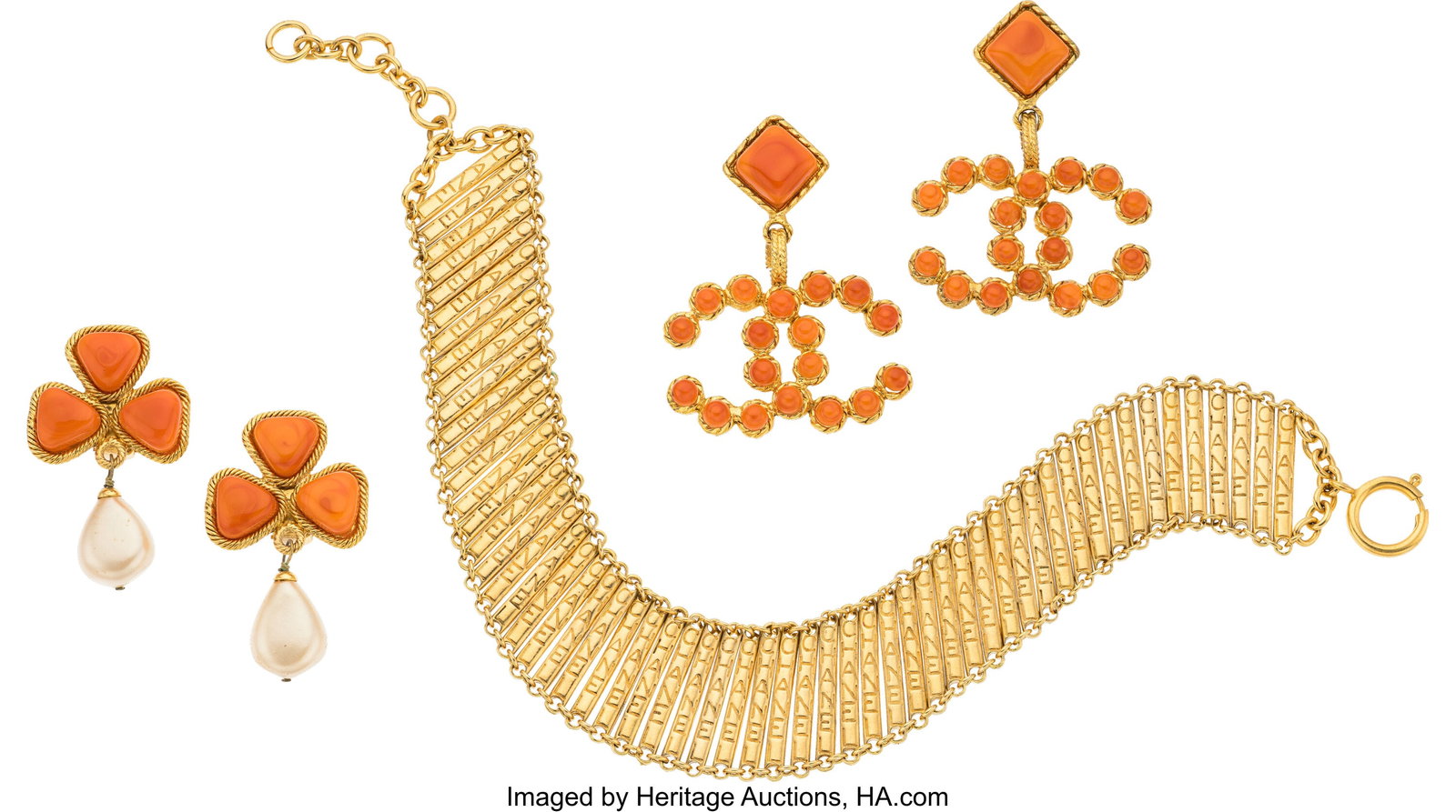 Chanel Set of Three: Vintage Orange Gripoix Earr: Chanel Set of Three: Vintage Orange Gripoix Earrings & Gold Choker See Extended Condition Report for Details. This set includes: Chanel Vintage Orange Gripoix CC Clip On Earring
