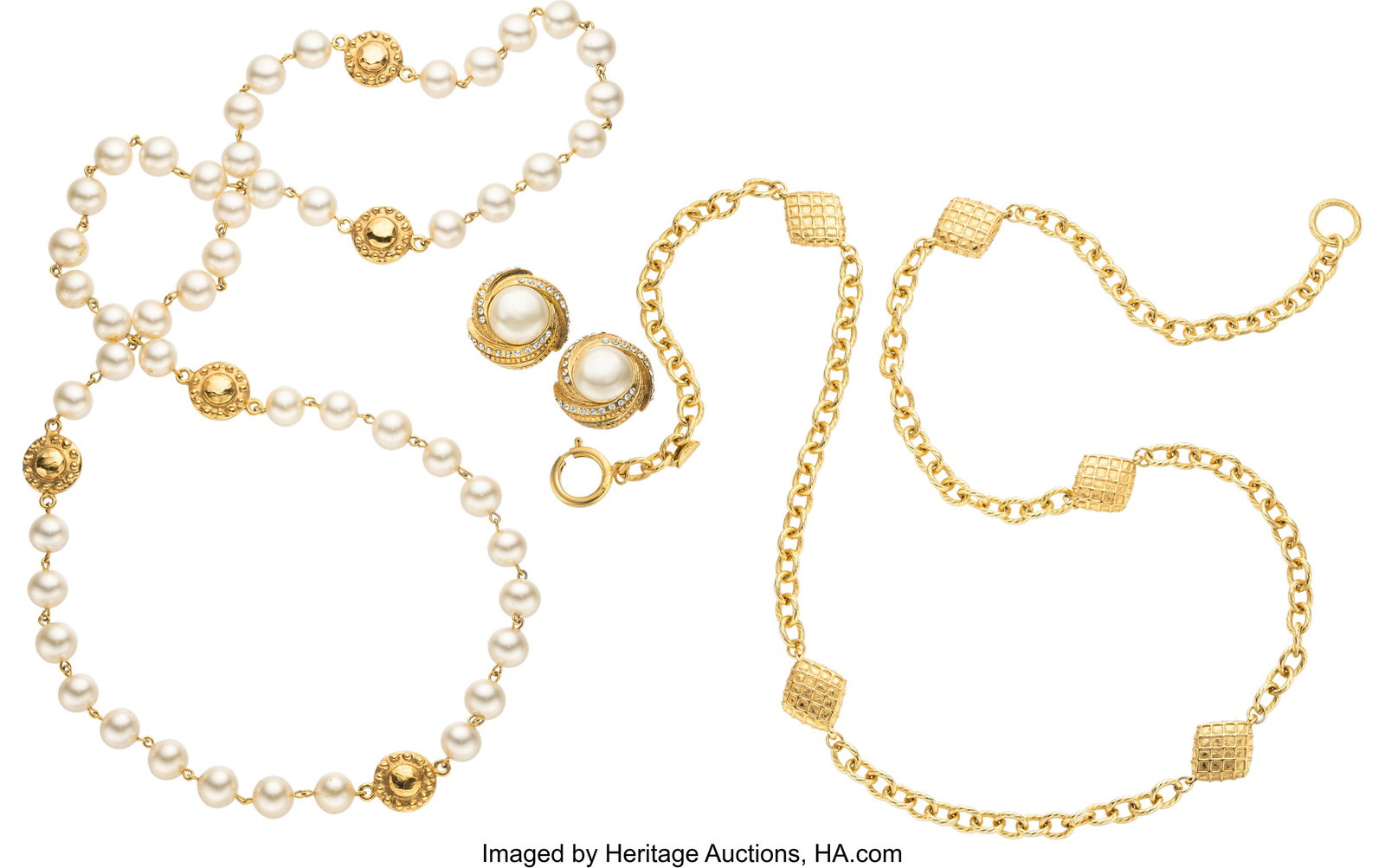 Chanel Set of Three: Vintage Necklace & Earrings: Chanel Set of Three: Vintage Necklace & Earrings See Extended Condition Report for Details. This set includes: Chanel Gold Plated Chain Necklace (1970s-1980s, Conditi