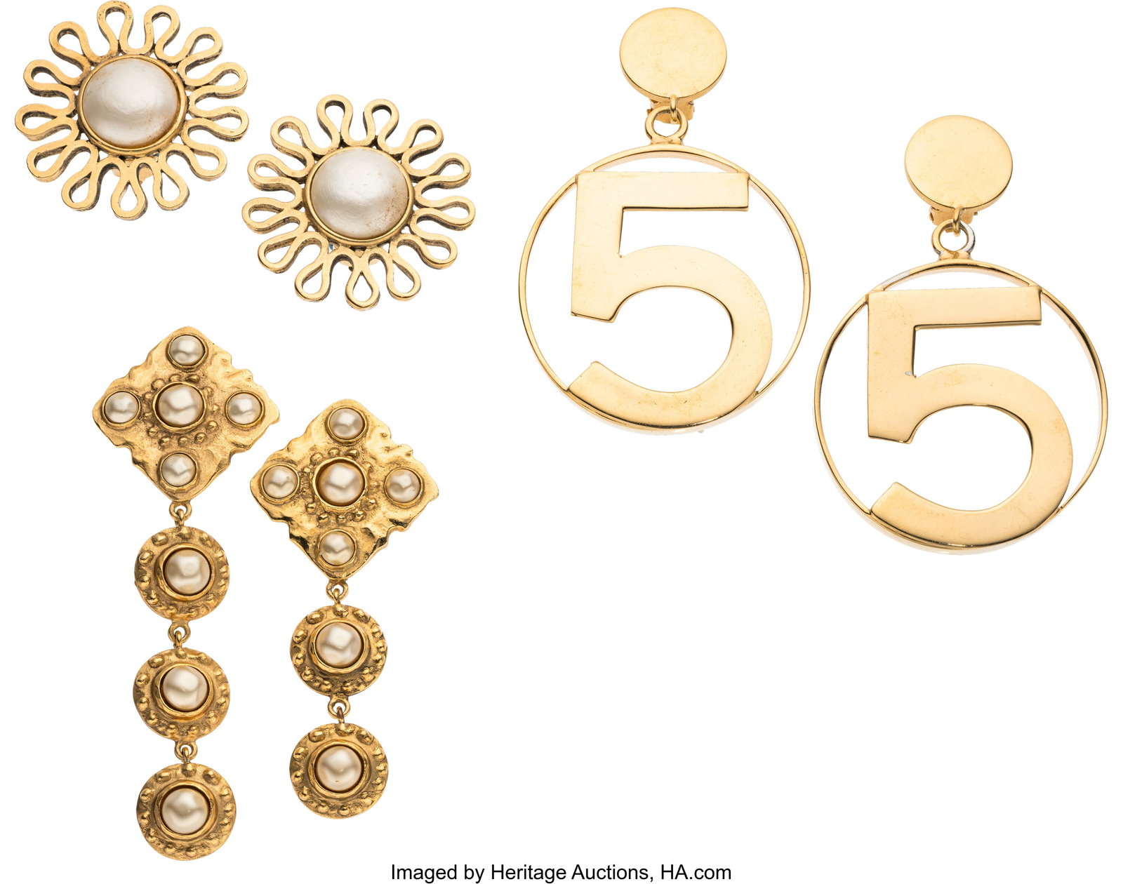 Chanel Set of Three: Vintage Gold & Faux Pearl E: Chanel Set of Three: Vintage Gold & Faux Pearl Earrings See Extended Condition Report for Details. This set includes: Vintage Gold Plated Faux Pearl Flower Clip On Earrings &lpa