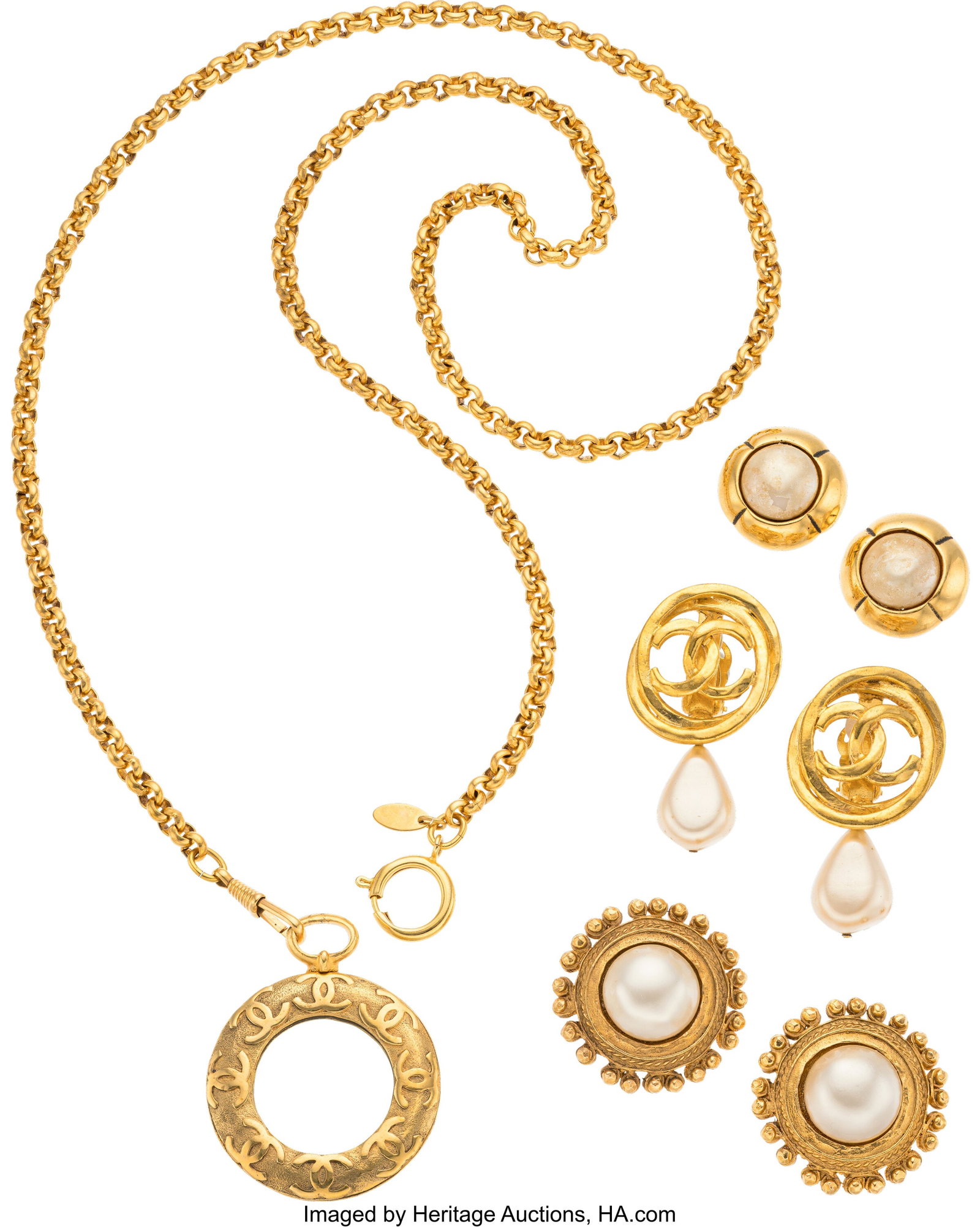 Chanel Set of Four: Vintage CC Mirror Necklace &: Chanel Set of Four: Vintage CC Mirror Necklace & Pearl Earrings See Extended Condition Report for Details. This set includes: Chanel Vintage Gold Plated CC Mirror Pendant Neckla