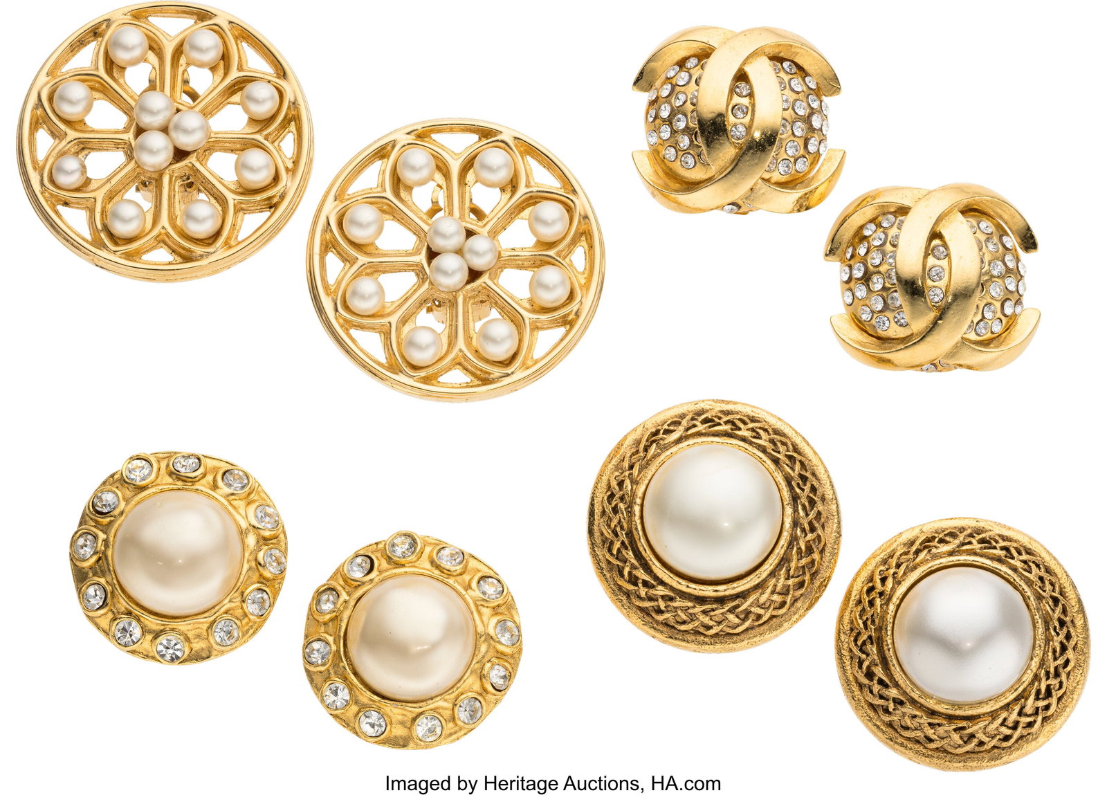 Chanel Set of Four: Vintage Pearl & Crystal Earr: Chanel Set of Four: Vintage Pearl & Crystal Earrings See Extended Condition Report for Details. This set includes: Chanel Gold Plated Crystal CC Clip On Earrings (1970s-198