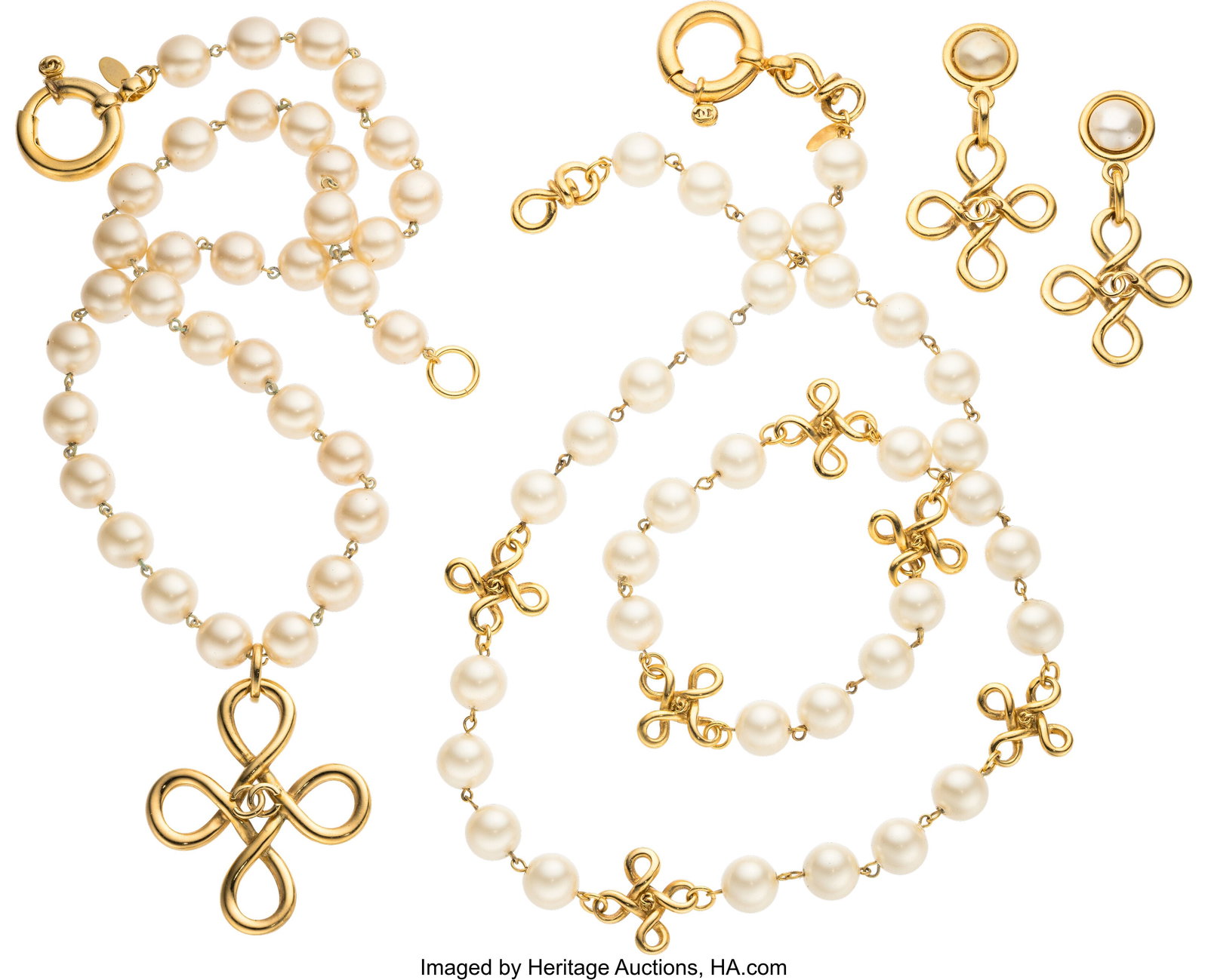 Chanel Set of Three: Vintage Gold & Pearl Knot E: Chanel Set of Three: Vintage Gold & Pearl Knot Earrings & Necklace See Extended Condition Report for Details. This set includes: Chanel Gold Plated Faux Pearl Knot Drop Earr