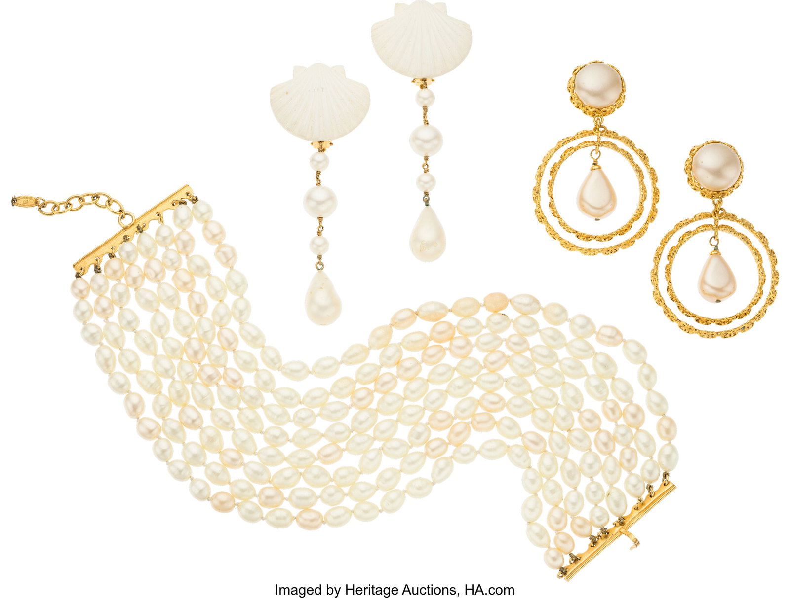 Chanel Set of Three: Vintage Seashell Earrings, : Chanel Set of Three: Vintage Seashell Earrings, Hoop Earrings, & Multistrand Pearl Necklace See Extended Condition Report for Details. This set includes: Vintage Sea