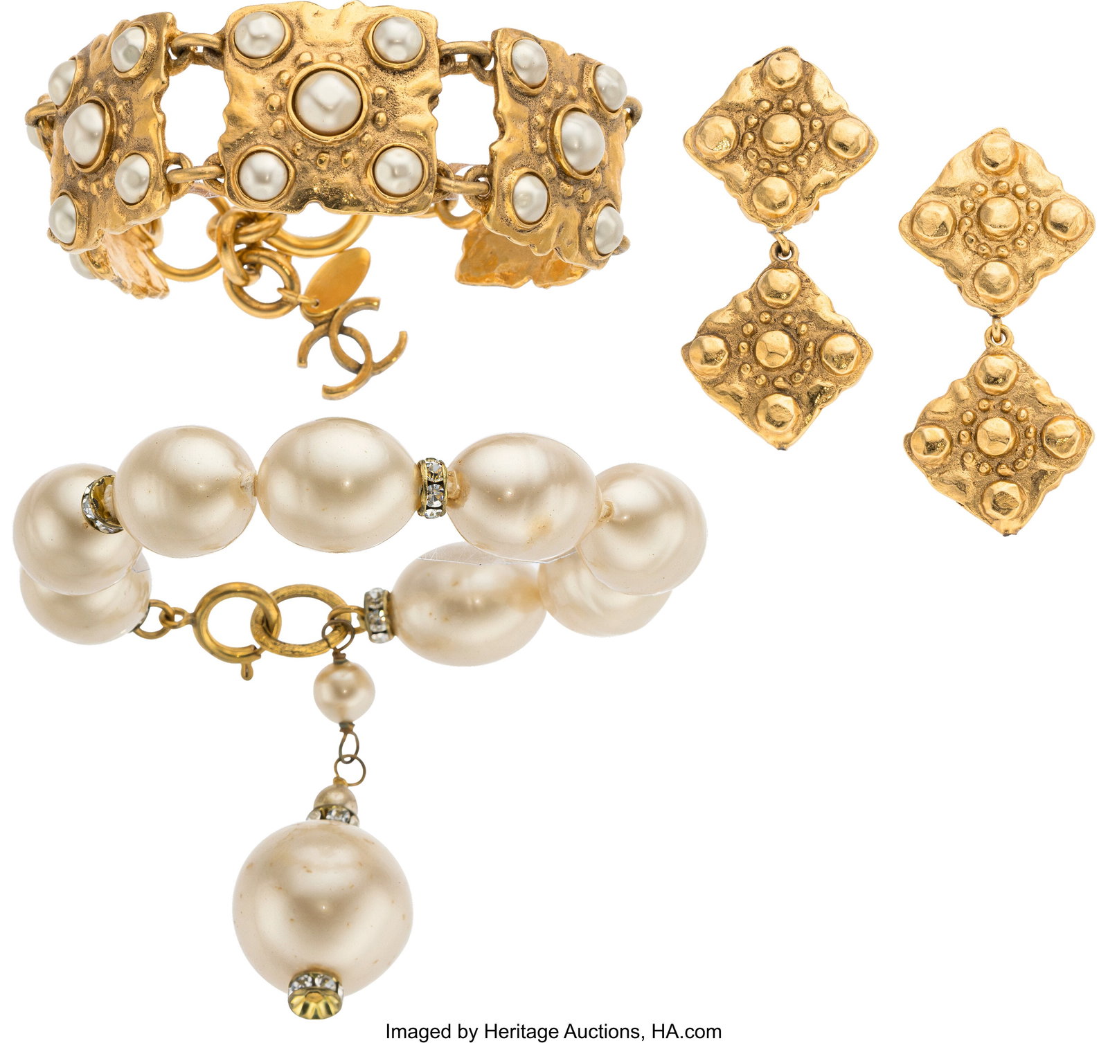 Chanel Set of Three: Vintage Faux Pearl Bracelet: Chanel Set of Three: Vintage Faux Pearl Bracelets & Earrings See Extended Condition Report for Details. This set includes: Vintage Faux Pearl & Crystal Bracelet (Attrib
