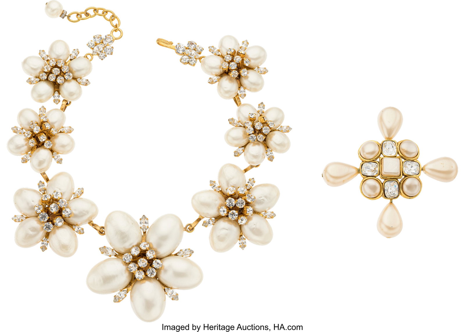 Chanel Set of Two: Vintage Faux Pearl & Crystal : Chanel Set of Two: Vintage Faux Pearl & Crystal Necklace and Brooch See Extended Condition Report for Details. This set includes: Chanel Vintage Gold Plated Faux Pearl & Cry
