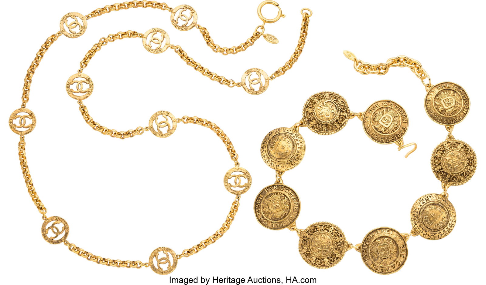 Chanel Set of Two: Vintage Gold CC Necklace & Me: Chanel Set of Two: Vintage Gold CC Necklace & Medallion Necklace See Extended Condition Report for Details. This set includes: Chanel Gold Plated CC Chain Necklace (1994-19