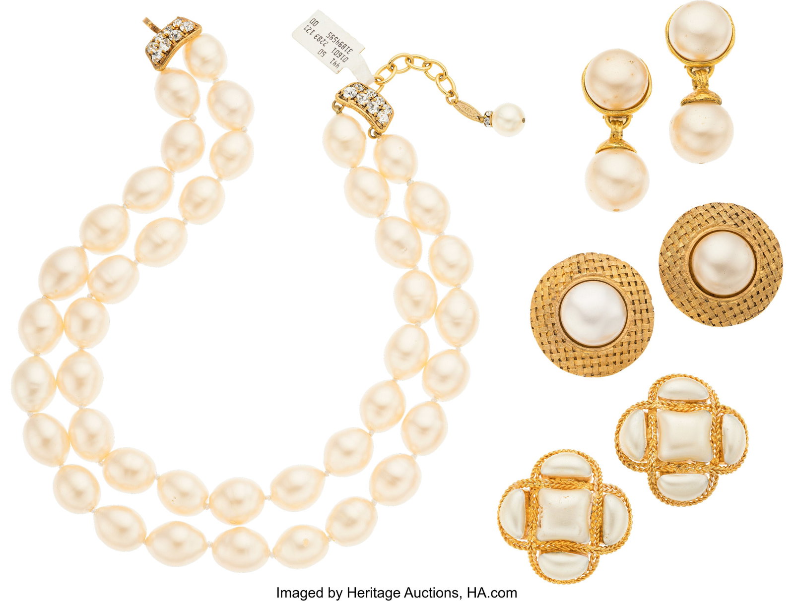 Chanel Set of Four: Vintage Pearl Necklace & Ear: Chanel Set of Four: Vintage Pearl Necklace & Earrings See Extended Condition Report for Details. This set includes: Chanel Gold Plated & Faux Pearl Clip On Earrings (19