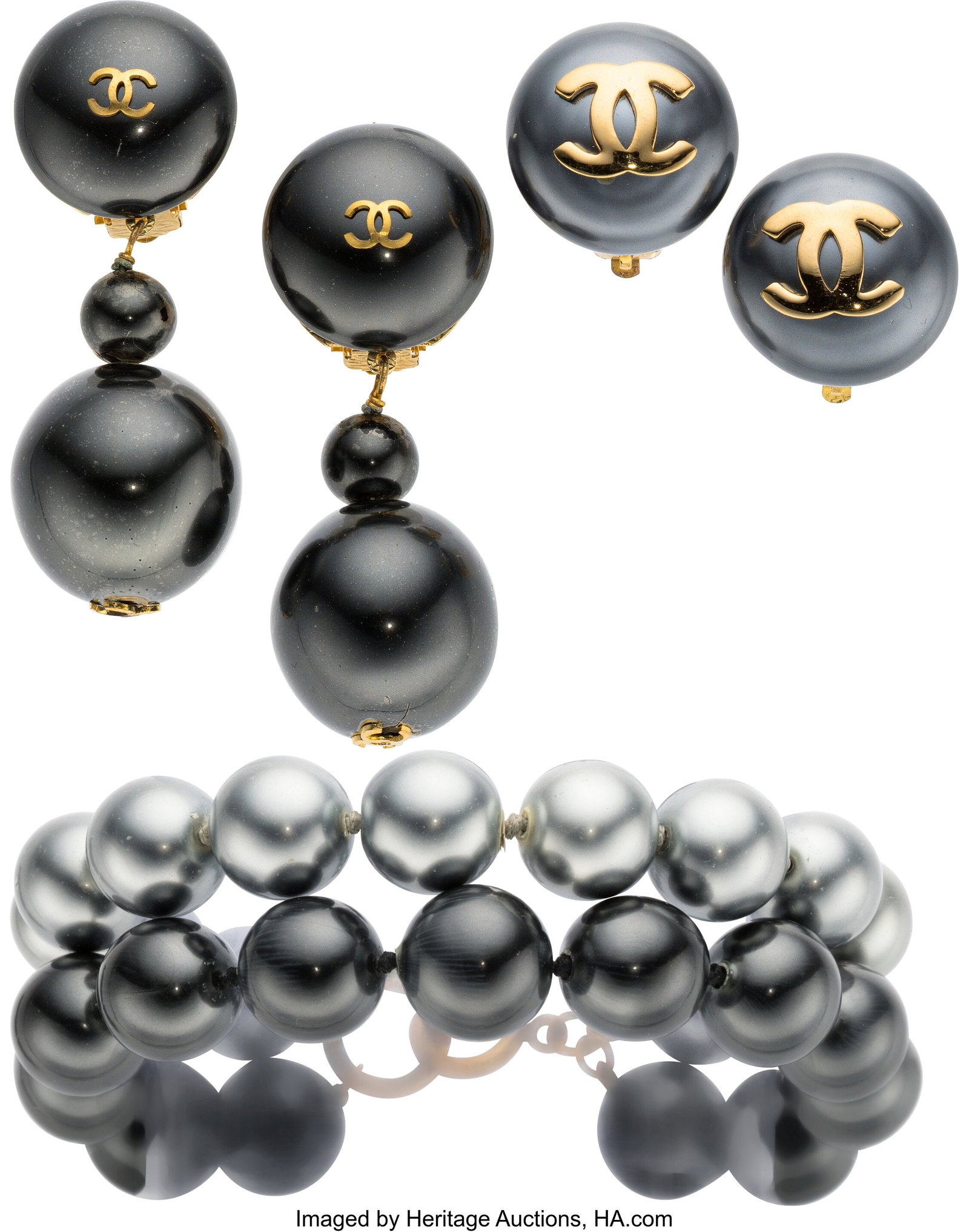 Chanel Set of Three: Vintage Black & Grey Faux P: Chanel Set of Three: Vintage Black & Grey Faux Pearl Earrings and Bracelet See Extended Condition Report for Details. This set includes: Chanel "CC" Gold-Plated Faux Pearl Round